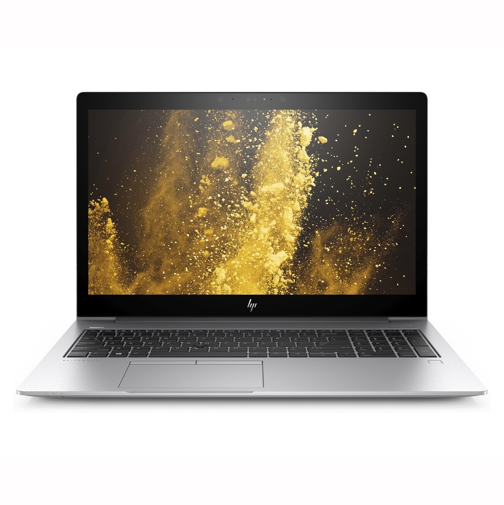 Silberner Laptop, geöffnet, angewinkelt. HP-Logo sichtbar. Goldene Partikel auf dem Bildschirm.