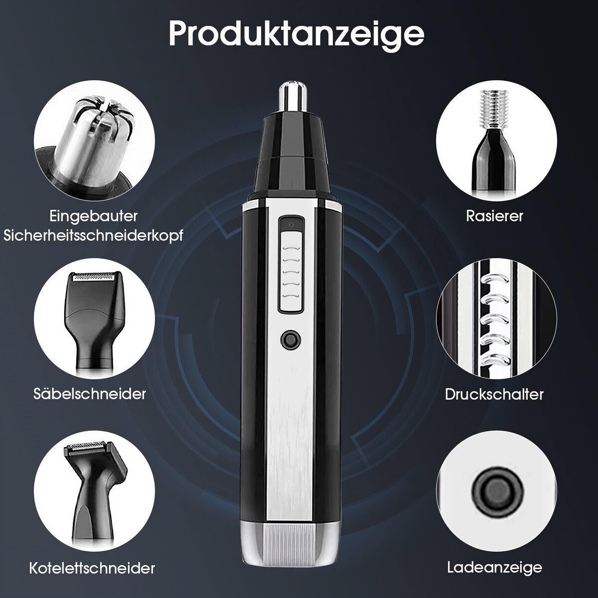 Eine Produktanzeige mit einem schwarz-silbernen Nasenhaartrimmer und seinen Teilen.