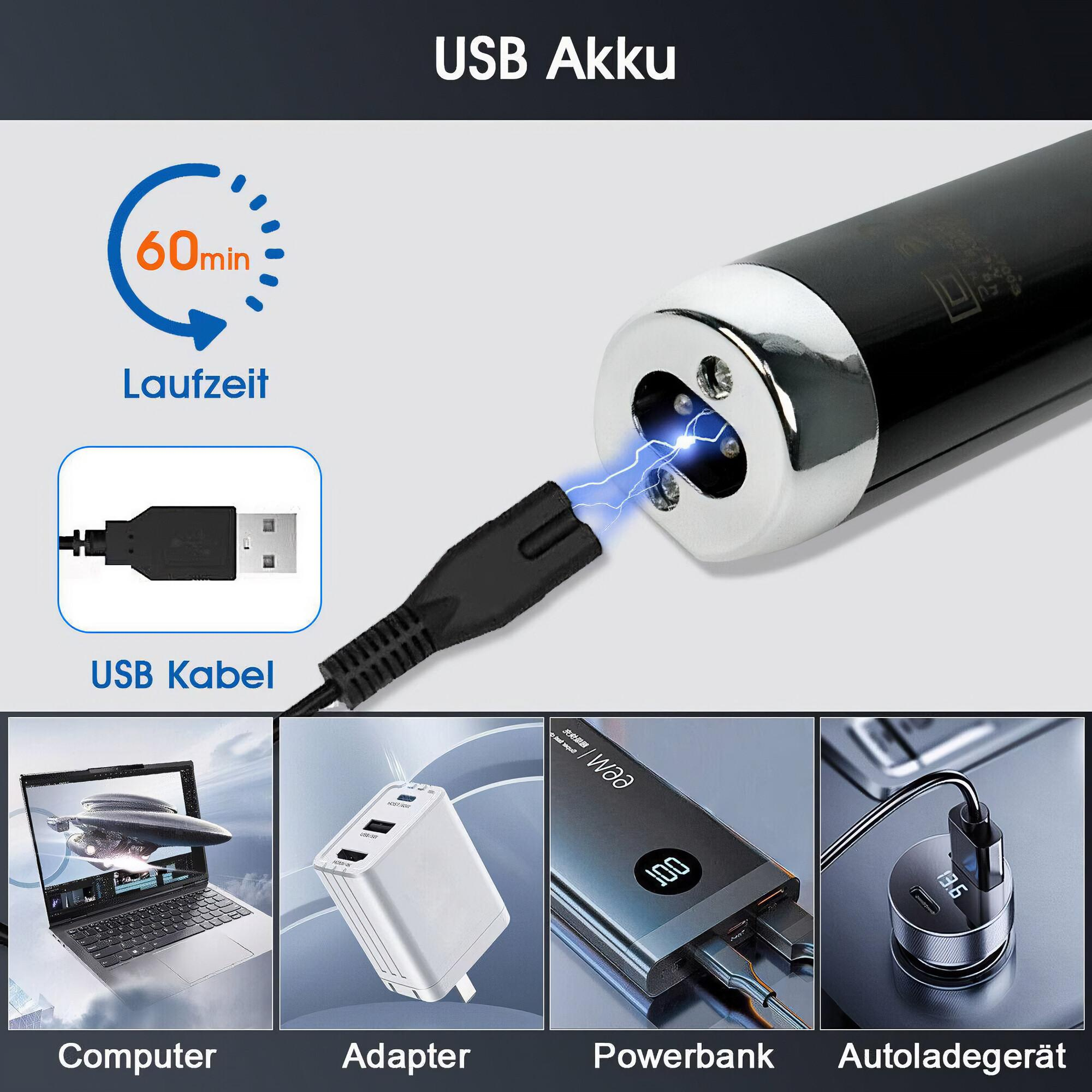 USB-Ladegerät mit Kabel und Ladegeräten: Laptop, Adapter, Powerbank und Autolader.