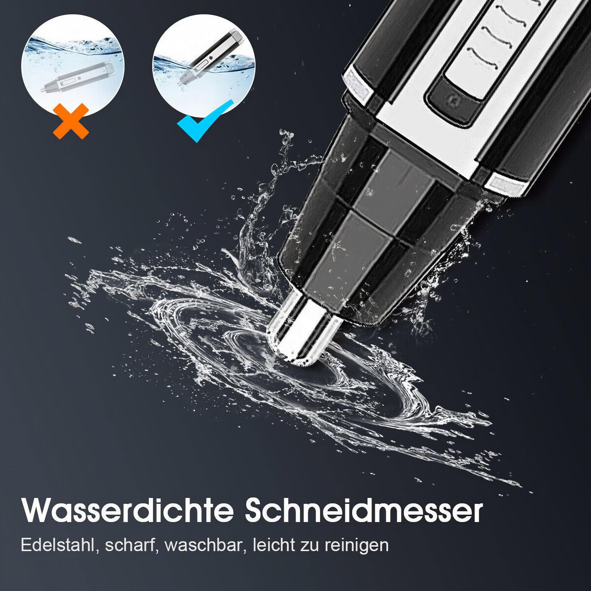 Ein Nasenhaartrimmer mit Wasserspritzern. Zeigt Diagramme mit einem orangefarbenen X und einem blauen Häkchen.