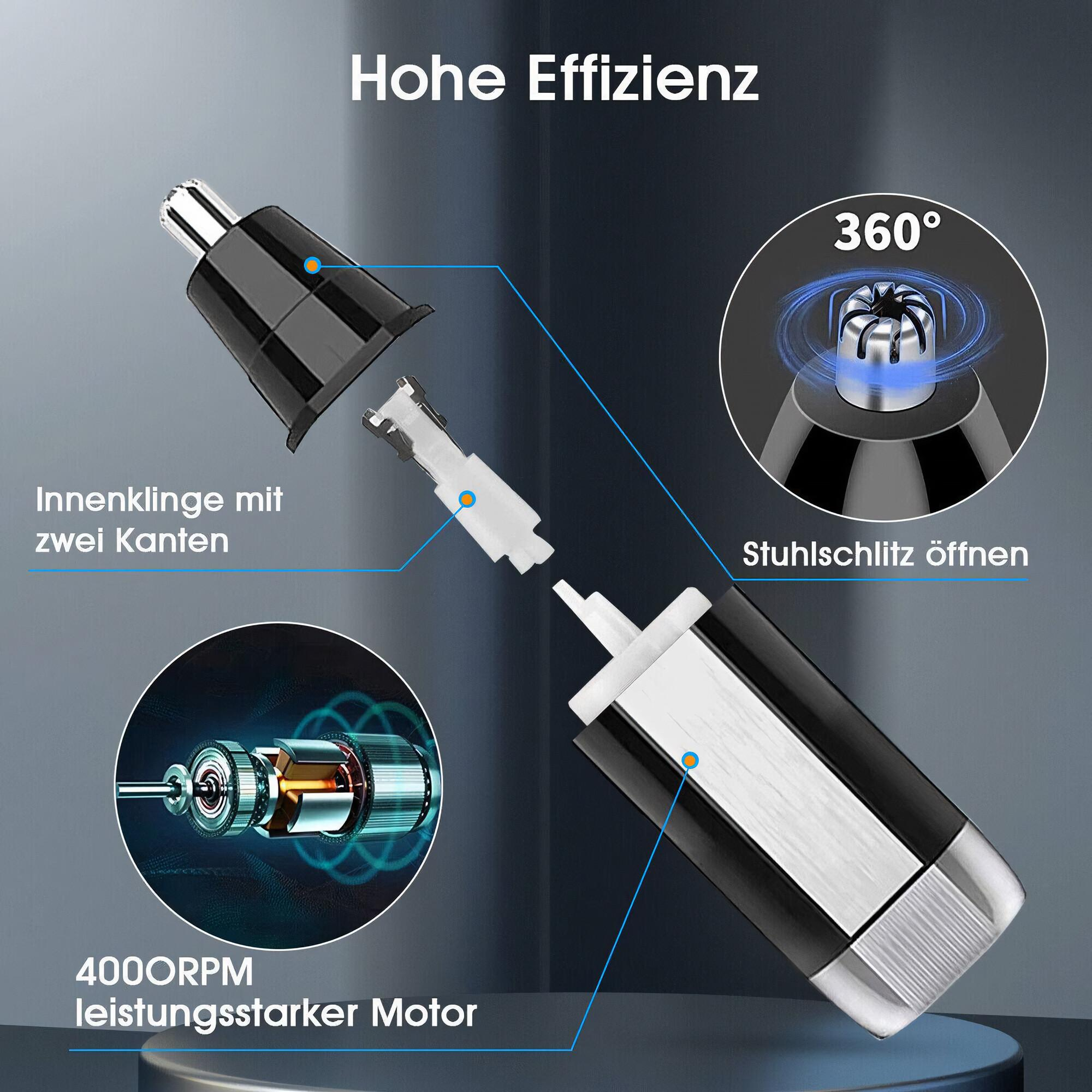 Diagramm eines Nasenhaartrimmers mit internen Komponenten und starkem Motor.