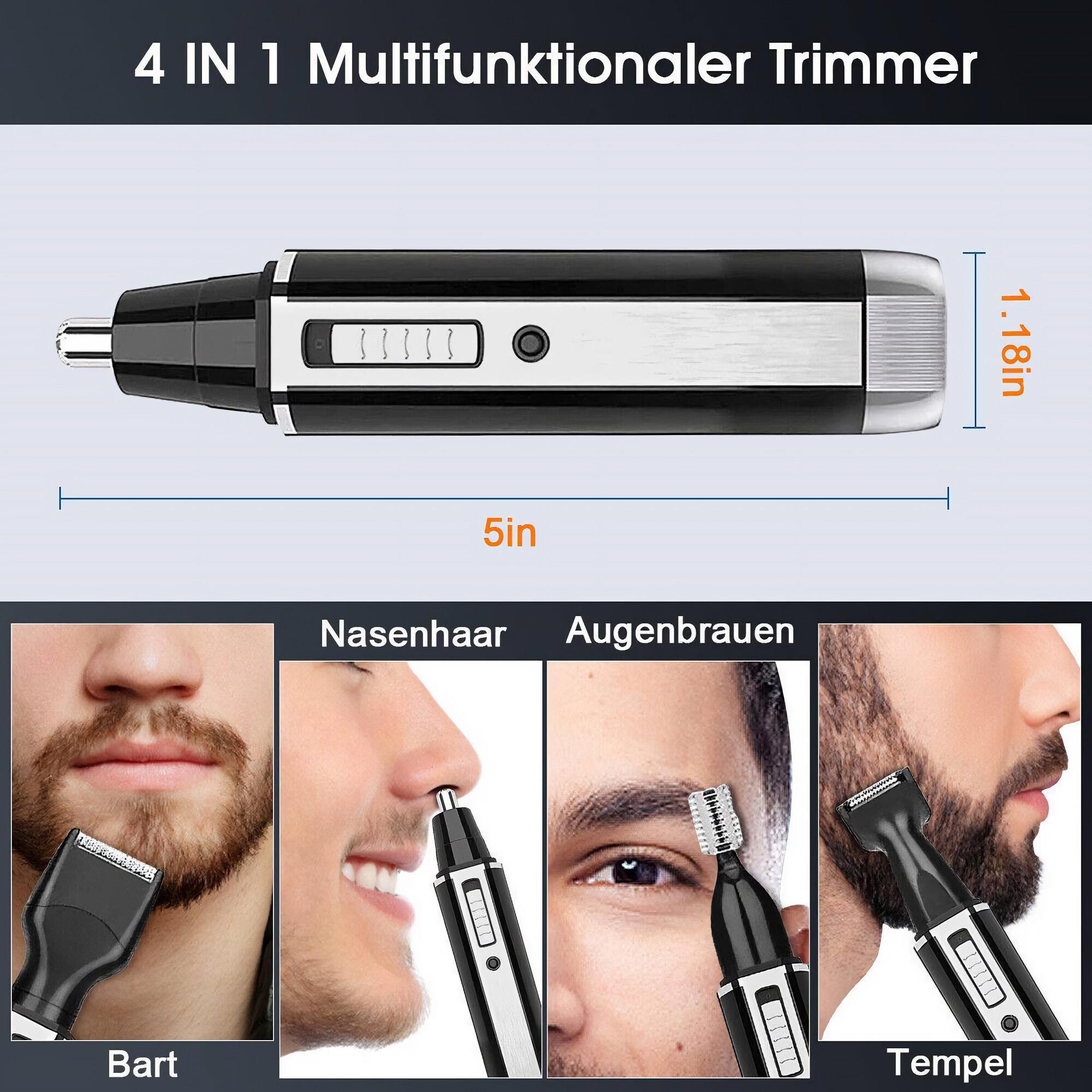 4-in-1 Multifunktions-Trimmer mit mehreren Rasierköpfen für verschiedene Bereiche.