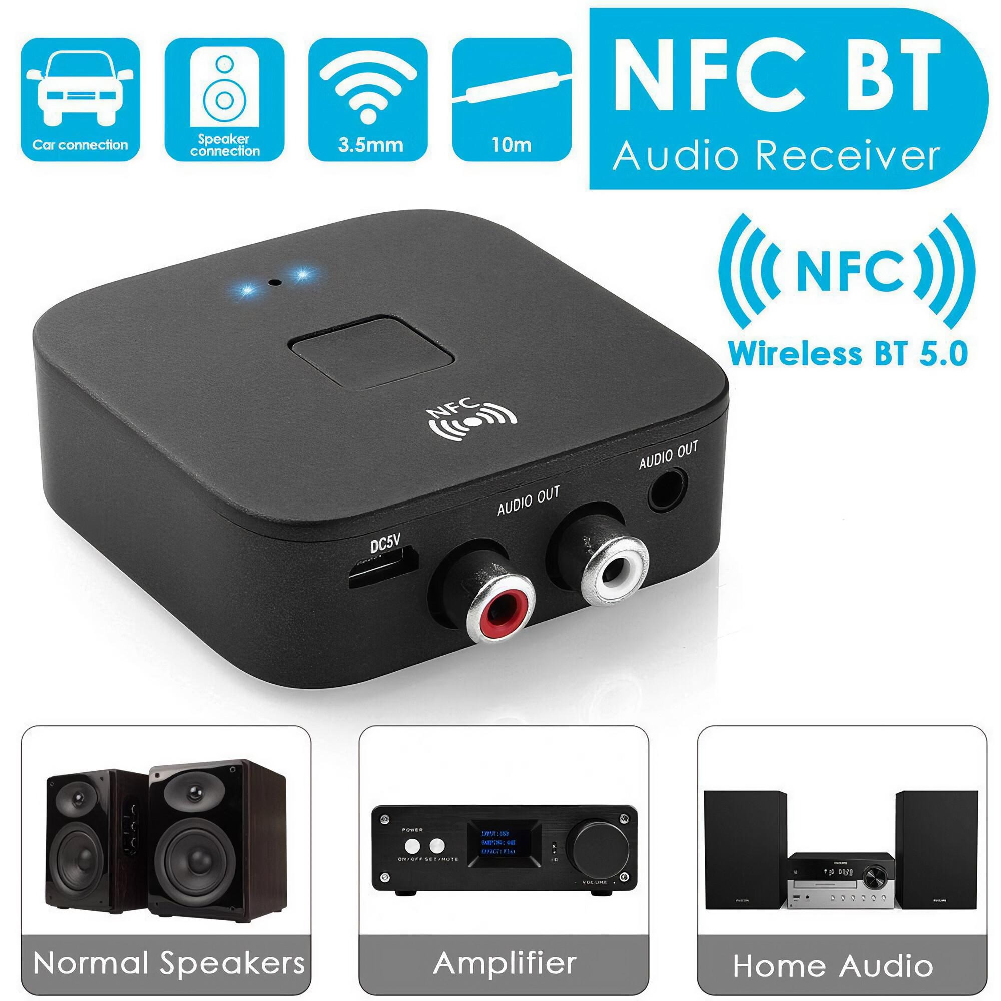 NFC BT Audio-Empfänger mit Symbolen, die Auto, Lautsprecher usw. zeigen. Auch normale Lautsprecher, Verstärker.