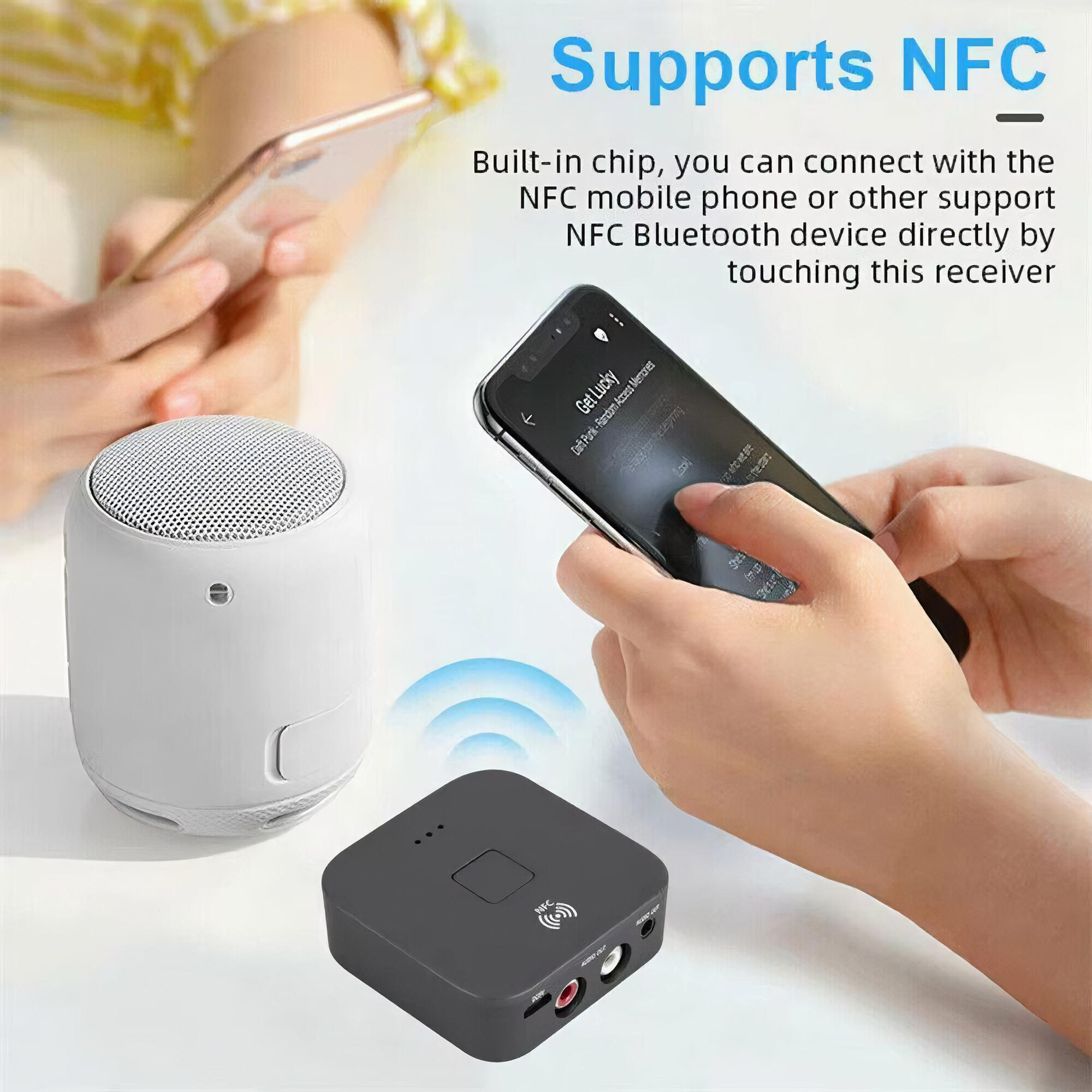 NFC-Support-Grafik mit Lautsprecher, Telefon und Empfänger. Weiß, Schwarz und Silber.
