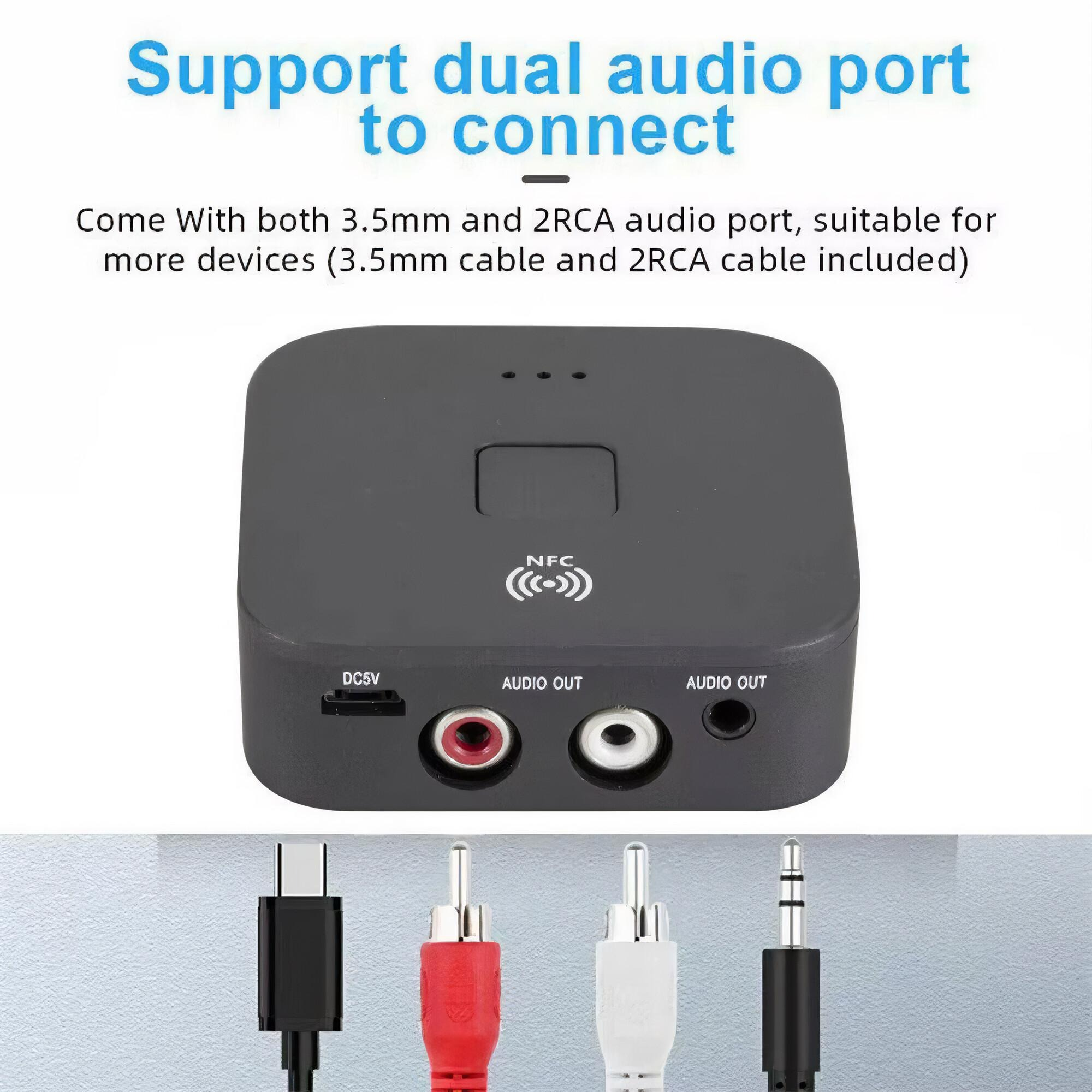 Ein schwarzes quadratisches Gerät mit Anschlüssen. Kabel sind mit dem Gerät verbunden. Text: 'Unterstützung für Dual-Audio-Anschluss'.