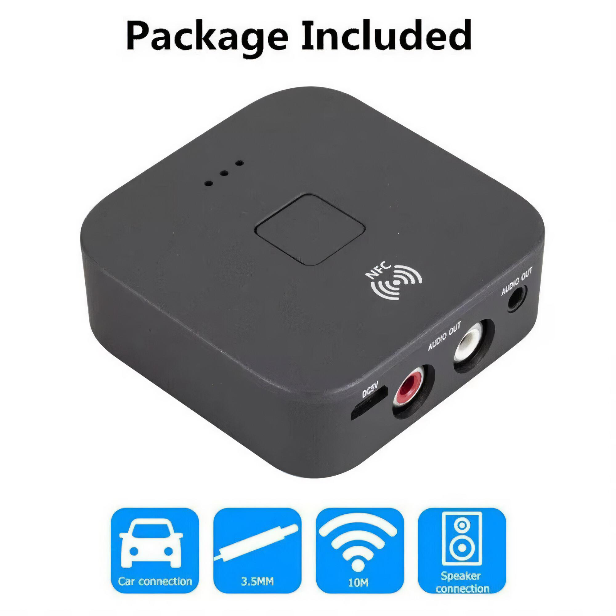 Ein schwarzes quadratisches Gerät mit Anschlüssen und Symbolen für Auto, 3,5 mm, WLAN und Lautsprecheranschluss.