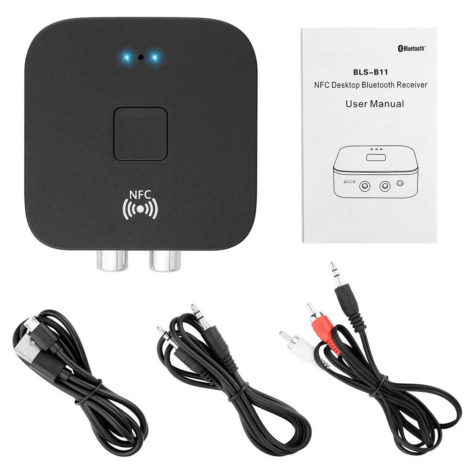 Schwarzer Bluetooth-Empfänger mit Kabeln und Benutzerhandbuch. NFC-Logo auf dem Gerät sichtbar.
