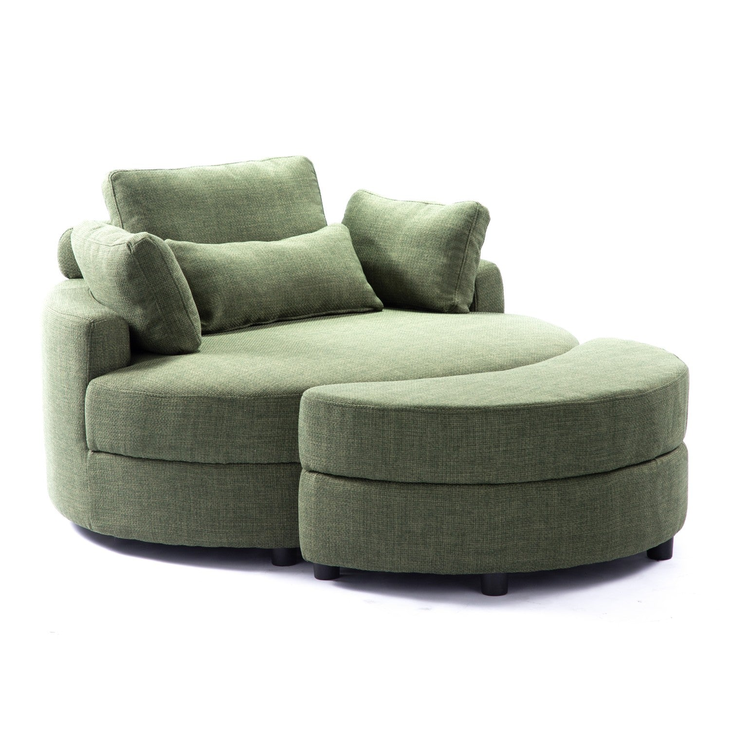 Ein grünes, rundes Sofaset mit zwei Kissen und einer kleinen Fußstütze, auf weißem Hintergrund.