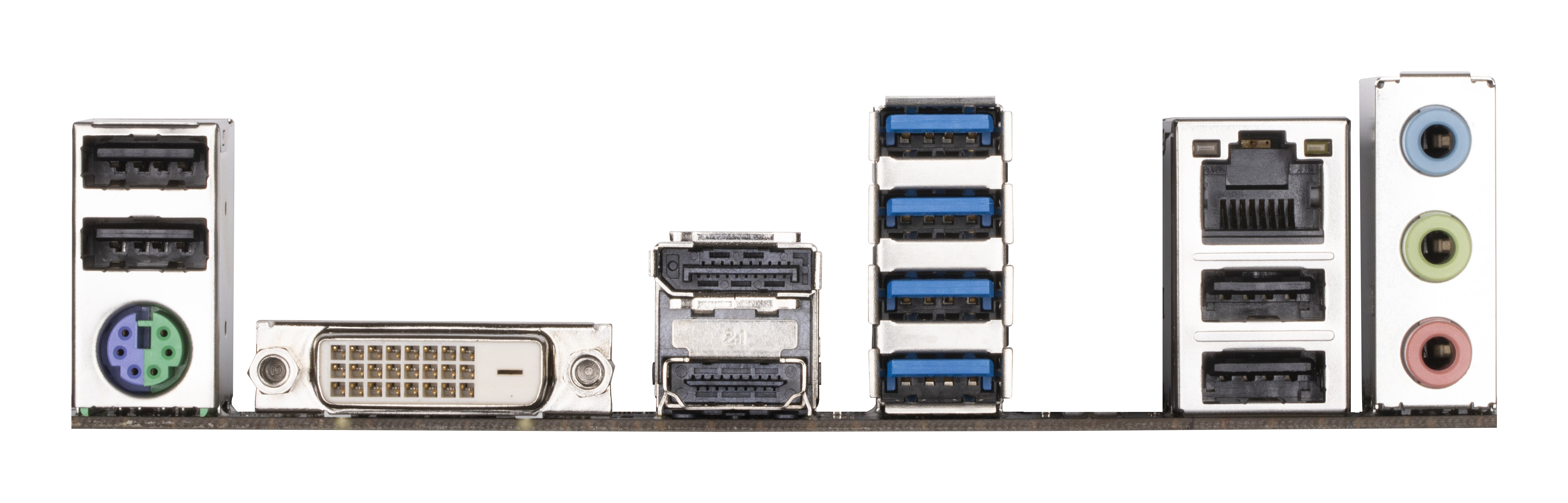 Primo piano delle porte e dei connettori di una scheda madre del computer su sfondo bianco.