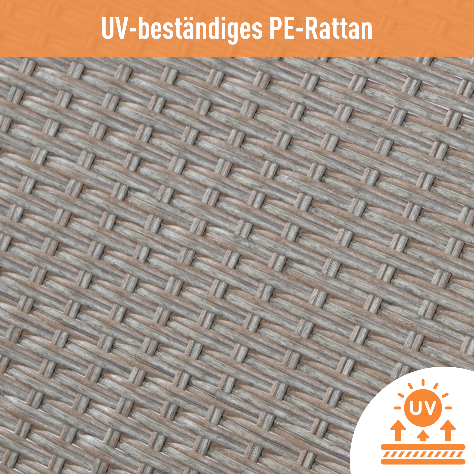 Nahaufnahme von gewebtem Rattanmaterial. Es ist hellbraun mit einem Muster aus verflochtenen Strängen. Text oben.