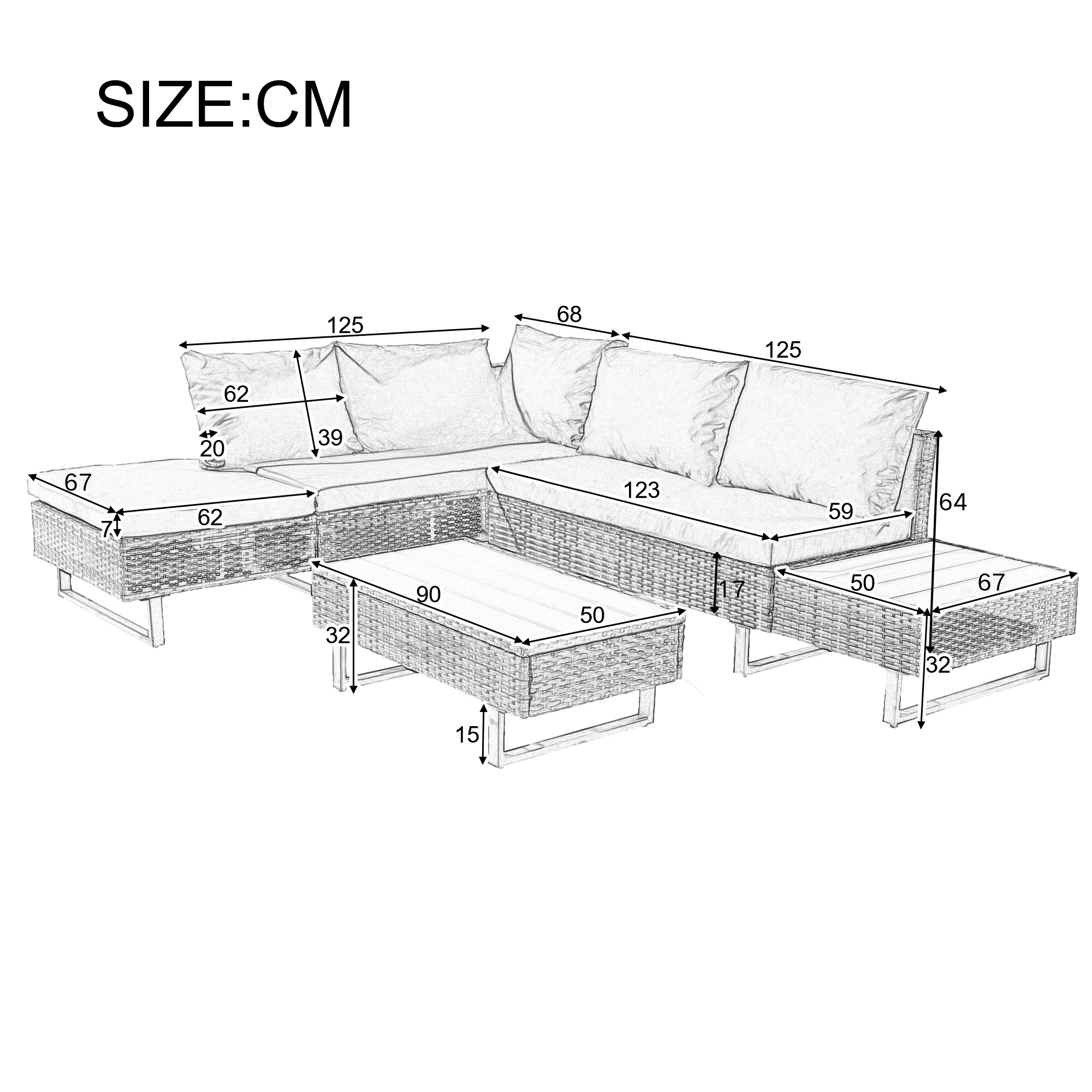 Eine detaillierte Zeichnung mit den Abmessungen eines Outdoor-Ecksofas mit Abmessungen.