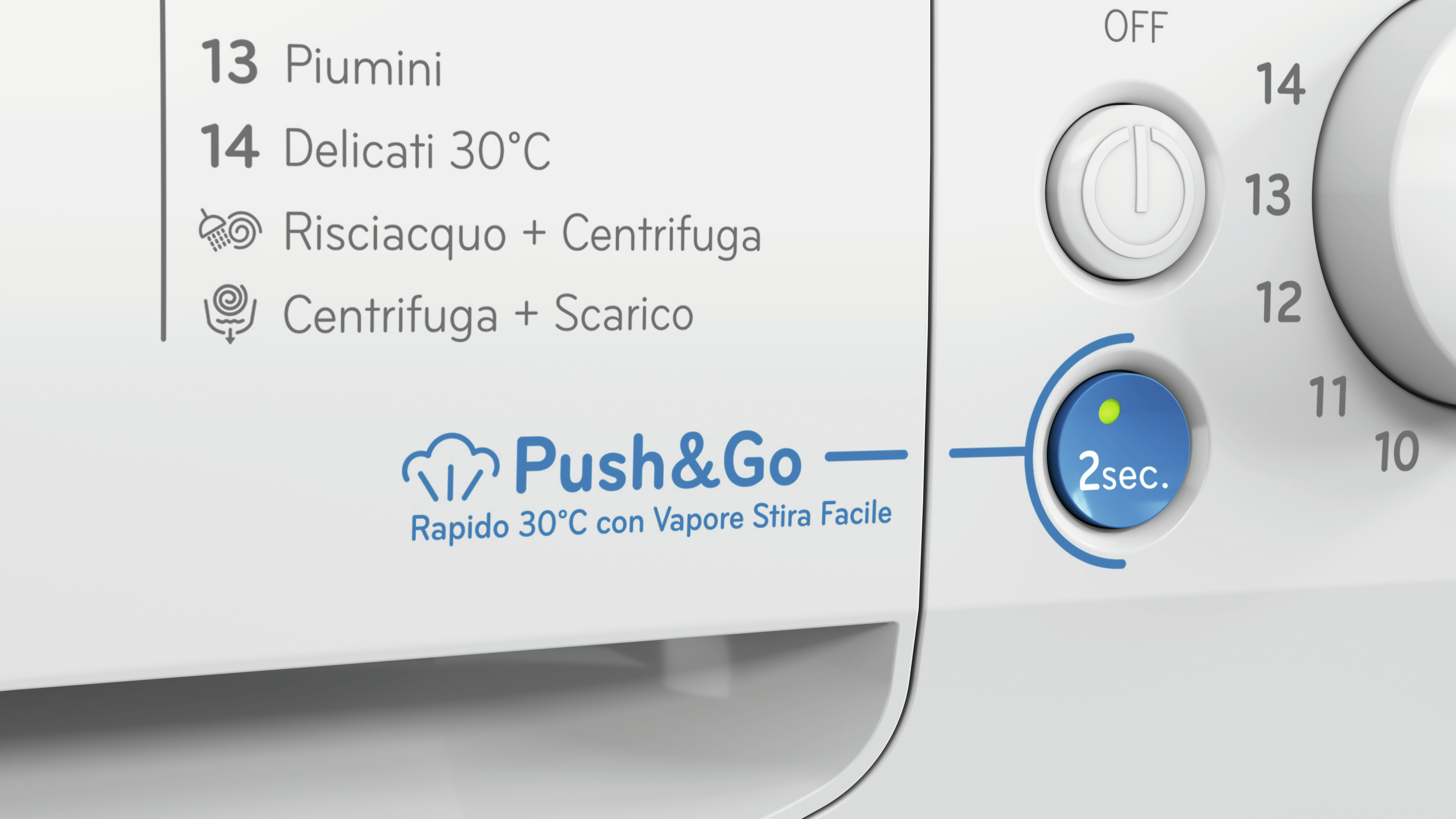 Primo piano del pannello di controllo di una lavatrice, con opzioni di ciclo e pulsante Push&Go.