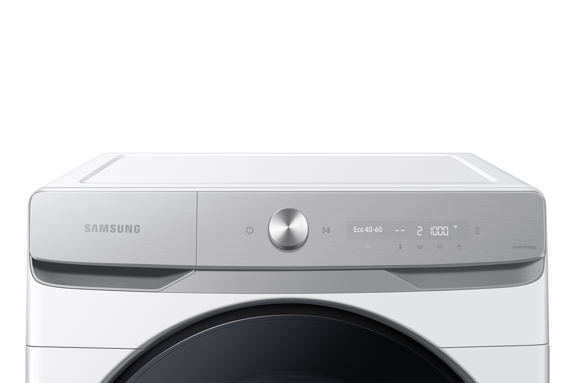 Zbliżenie pokazuje panel sterowania białej pralki Samsung z cyfrowym wyświetlaczem.