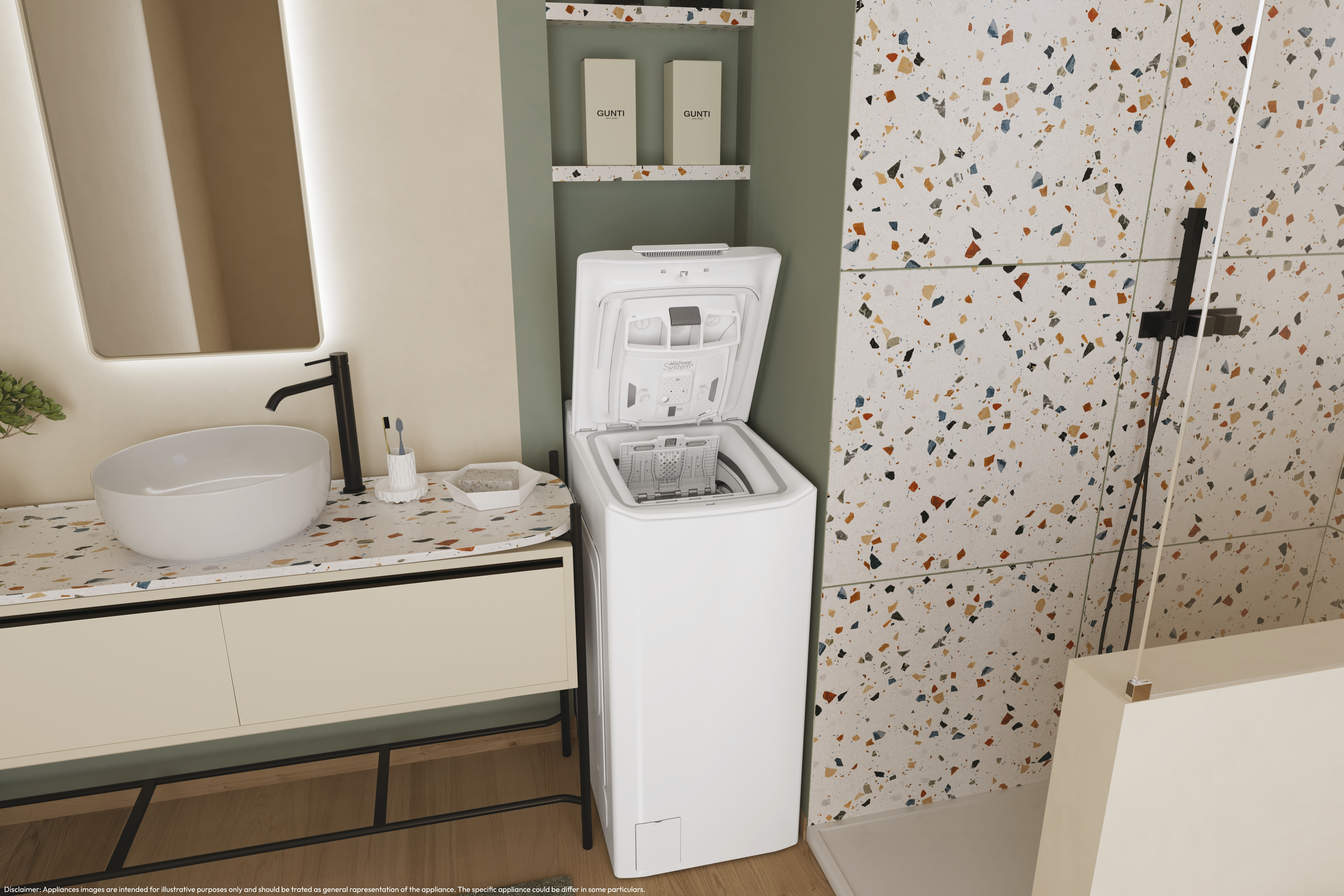 Łazienka z białą pralką, umywalką, lustrem i dekoracyjną ścianą z kolorowymi płytkami.