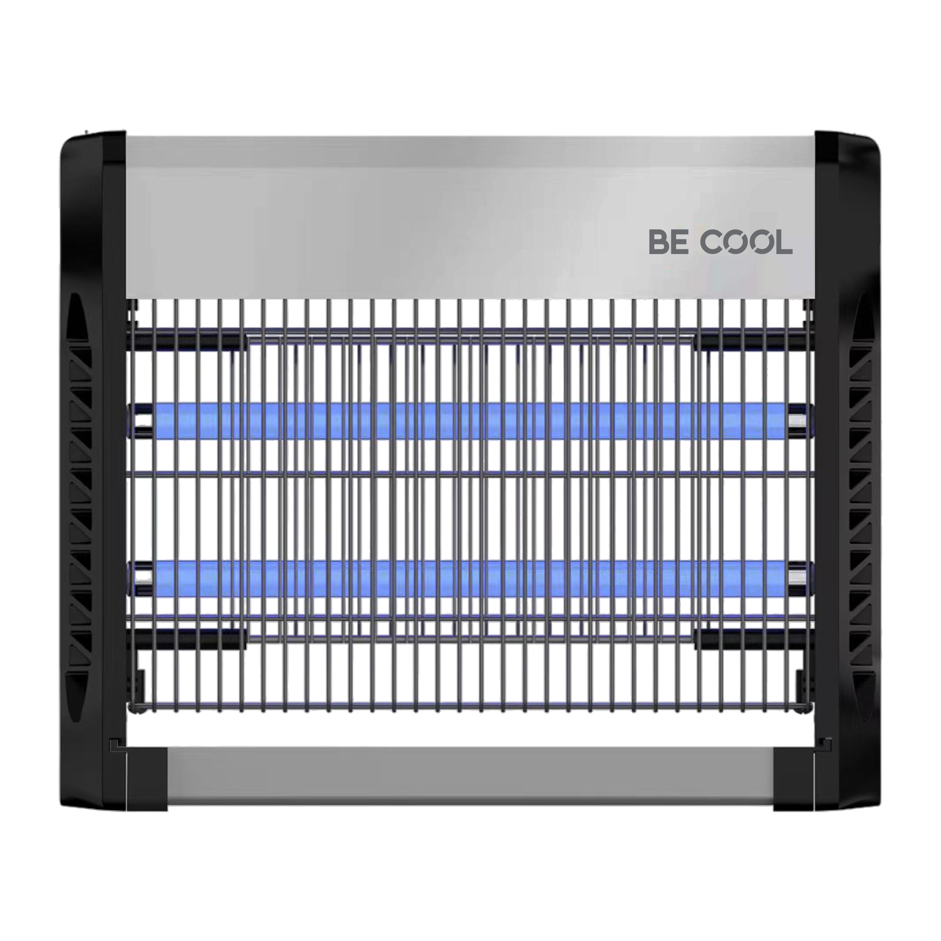 Elektrischer Insektenvernichter mit blauen Lichtern, silbernem Oberteil und schwarzem Rahmen, Text 'BE COOL'.