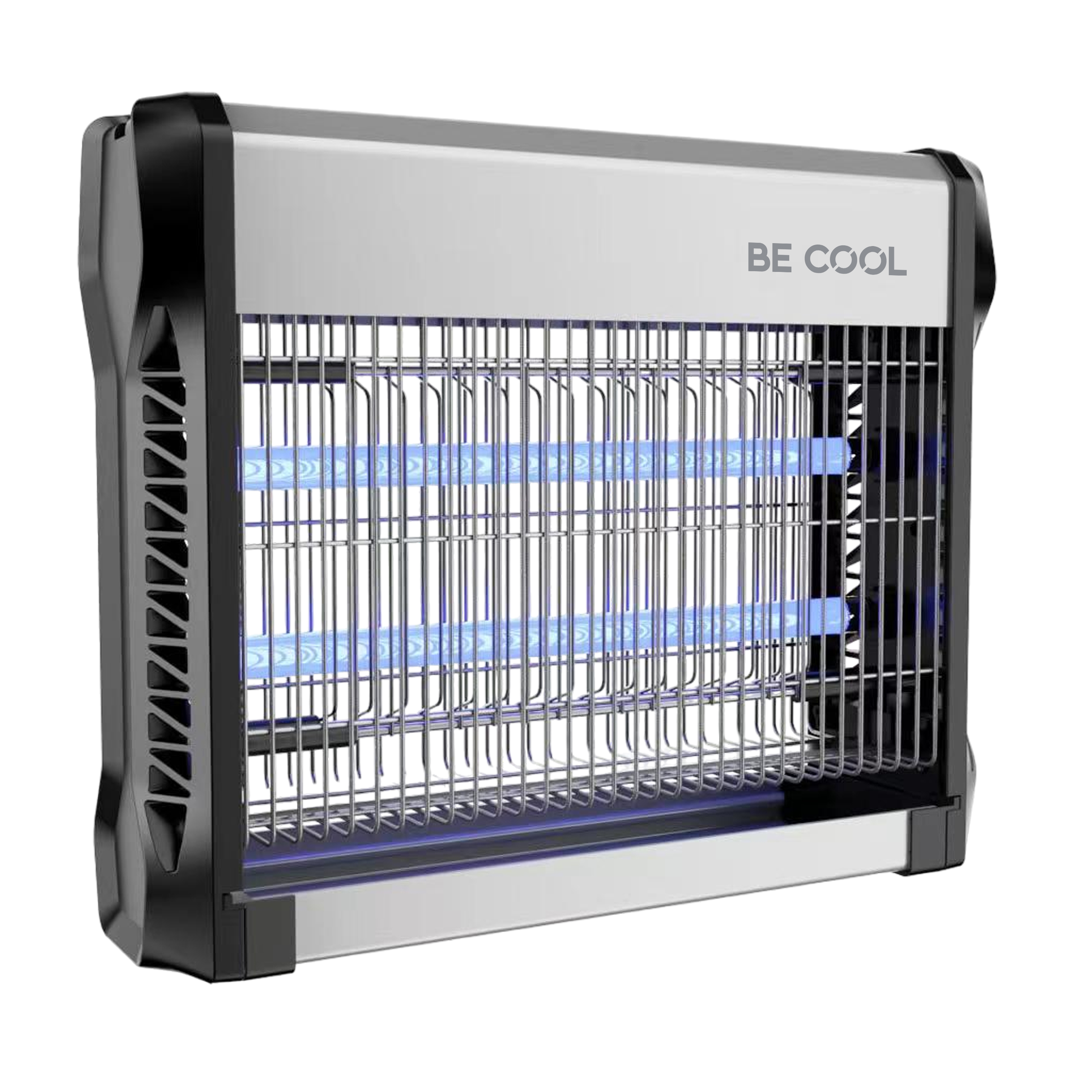 Elektrischer Insektenvernichter mit blauen Lichtern, silbernem Oberteil und schwarzem Rahmen, Text 'BE COOL'.