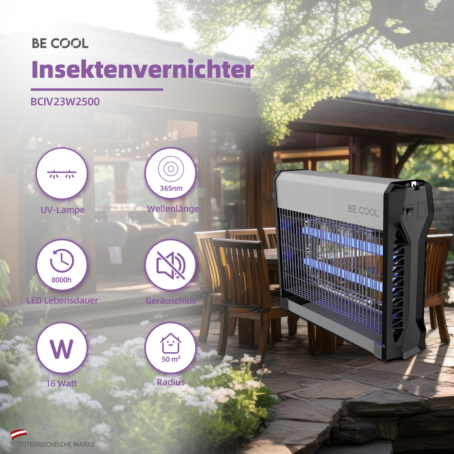 Insektenvernichter mit blauen Lichtern, mit dem Text 'BE COOL' und Symbolen, die seine Funktionen beschreiben.