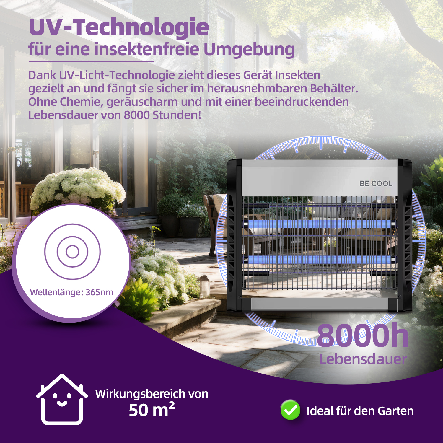 Insektenfalle für den Außenbereich mit UV-Technologie. Schwarz und silberfarben. Umgeben von einem Gartenhintergrund.