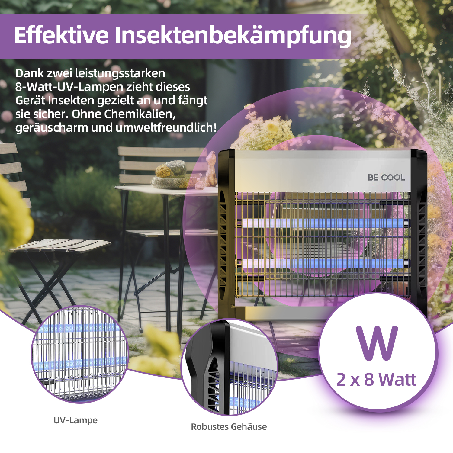 Insektenvernichter mit blauen Lichtern, mit dem Text 'BE COOL' und Symbolen, die seine Funktionen beschreiben.