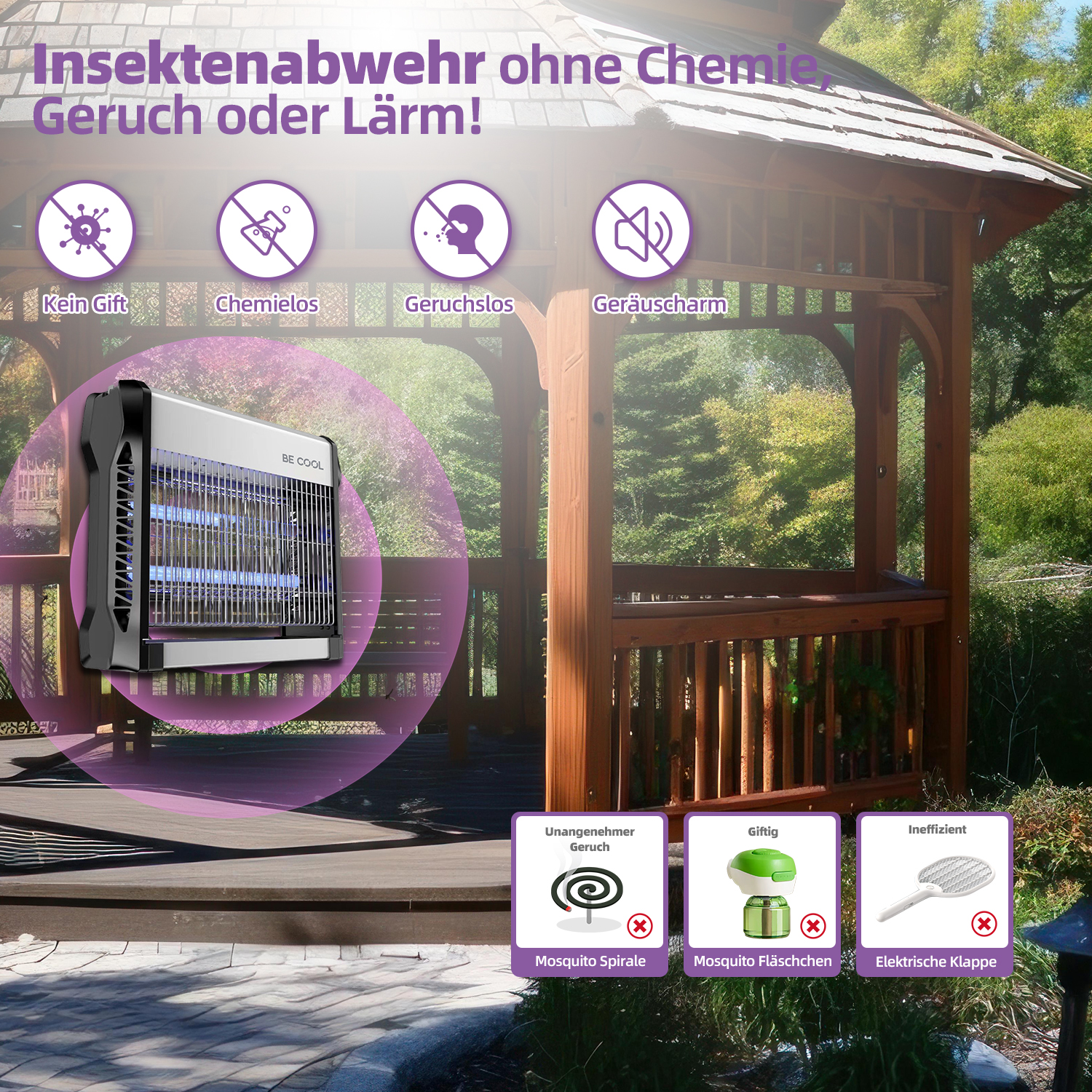 Insektenvernichter mit blauen Lichtern in einem Pavillon, mit Text zur Insektenschutzförderung.