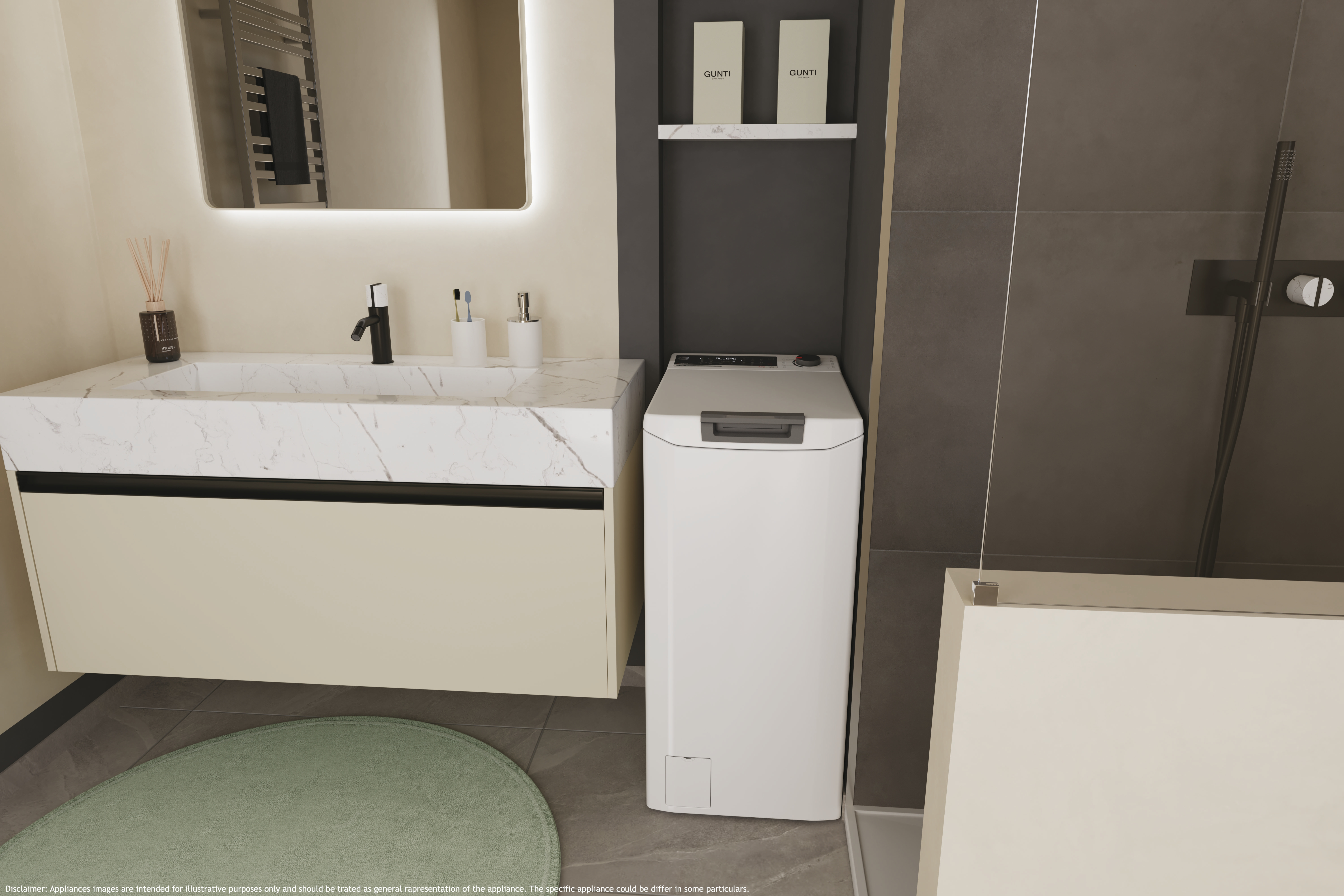 Łazienka z białą pralką, umywalką, lustrem i dekoracyjną ścianą, styl nowoczesny.