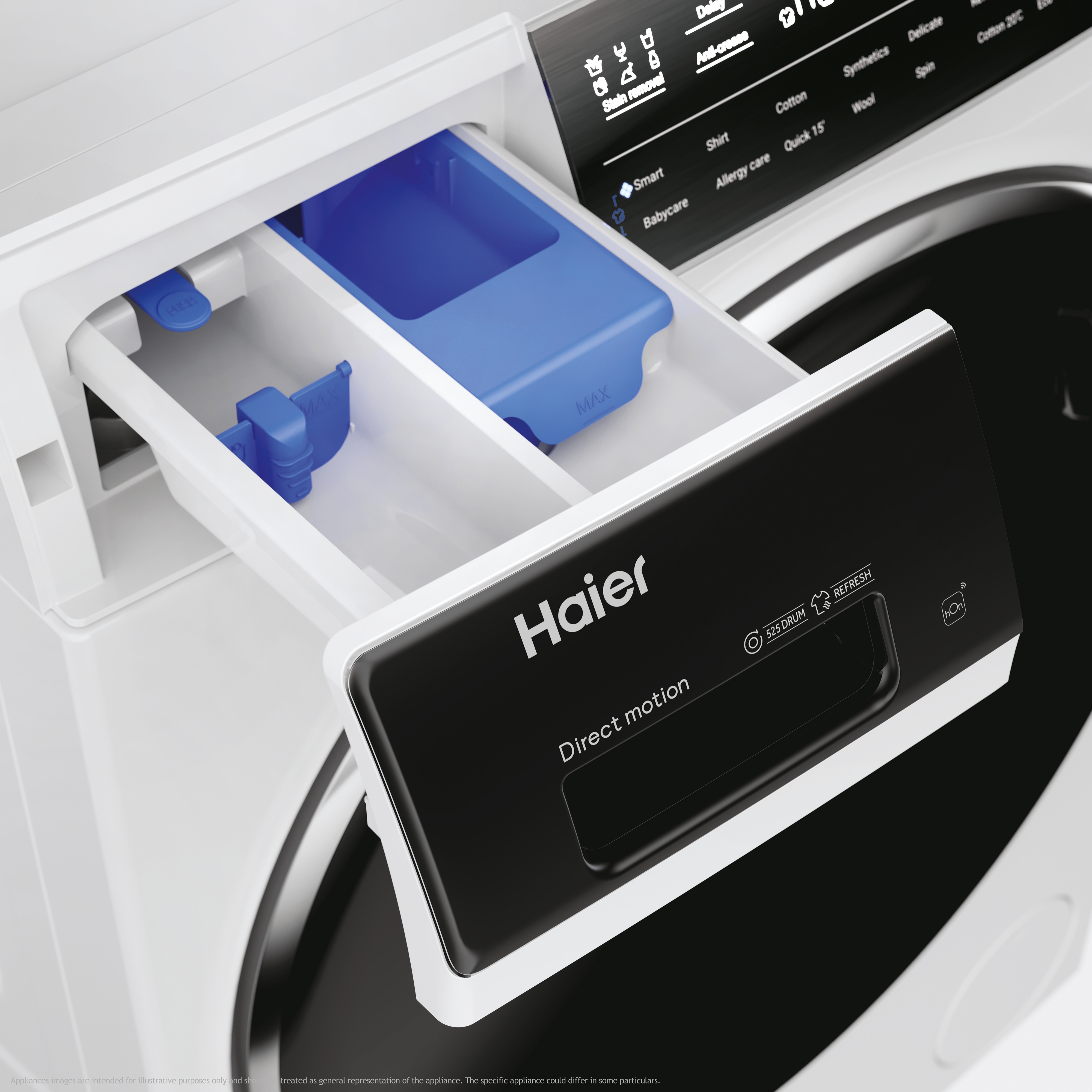 Cassetto detersivo lavatrice Haier aperto, con scomparti blu.