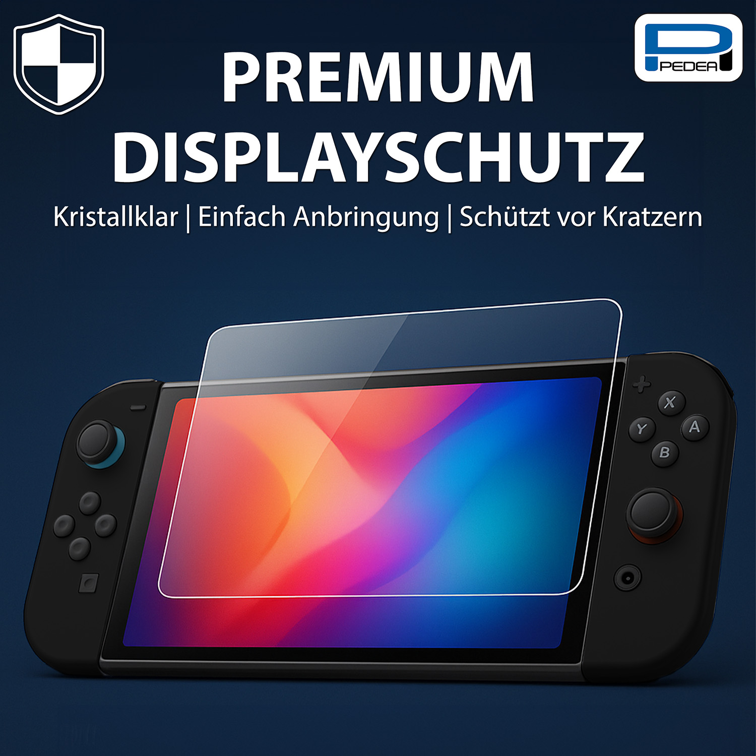 Switch 2 con protezione schermo. Testo: PROTEZIONE SCHERMO PREMIUM. Icone: cristallino e protezione.