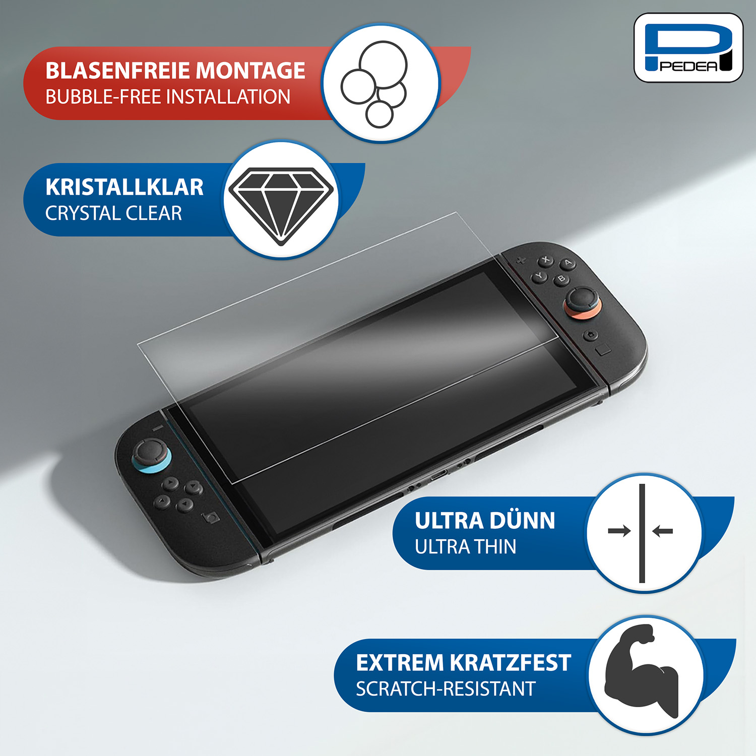 Switch 2 con protezione schermo. Testo: INSTALLAZIONE SENZA BOLLE, ULTRA SOTTILE, ANTIGRAFFIO.