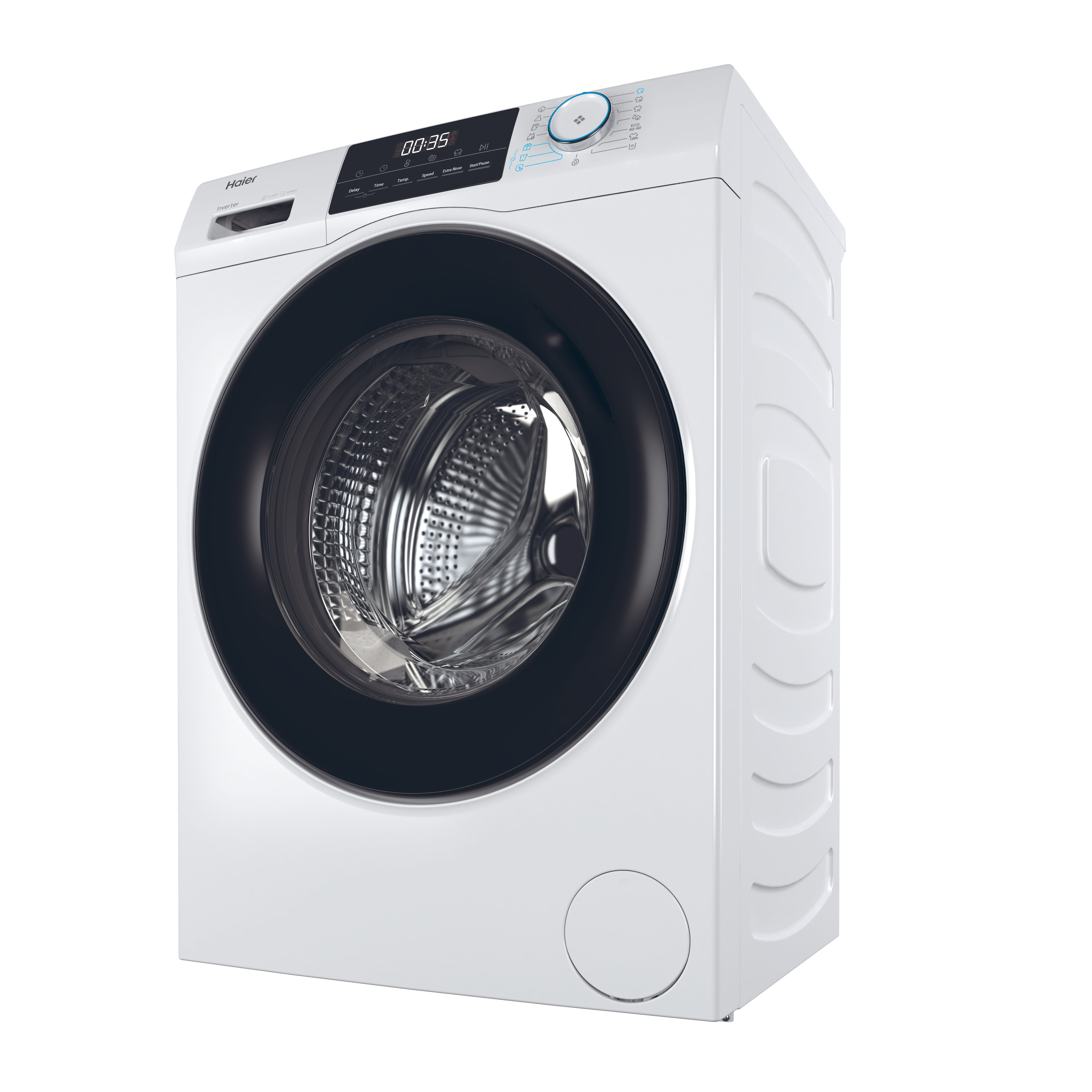 Weiße Haier Waschmaschine, schwarze Tür, Digitalanzeige.