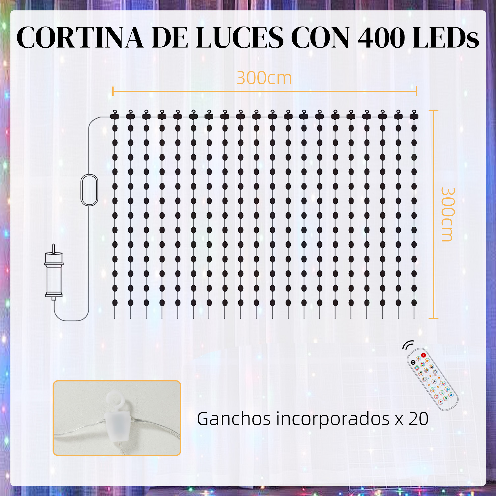Luces de cadena, estilo cortina, con 400 LEDs, control remoto y ganchos.