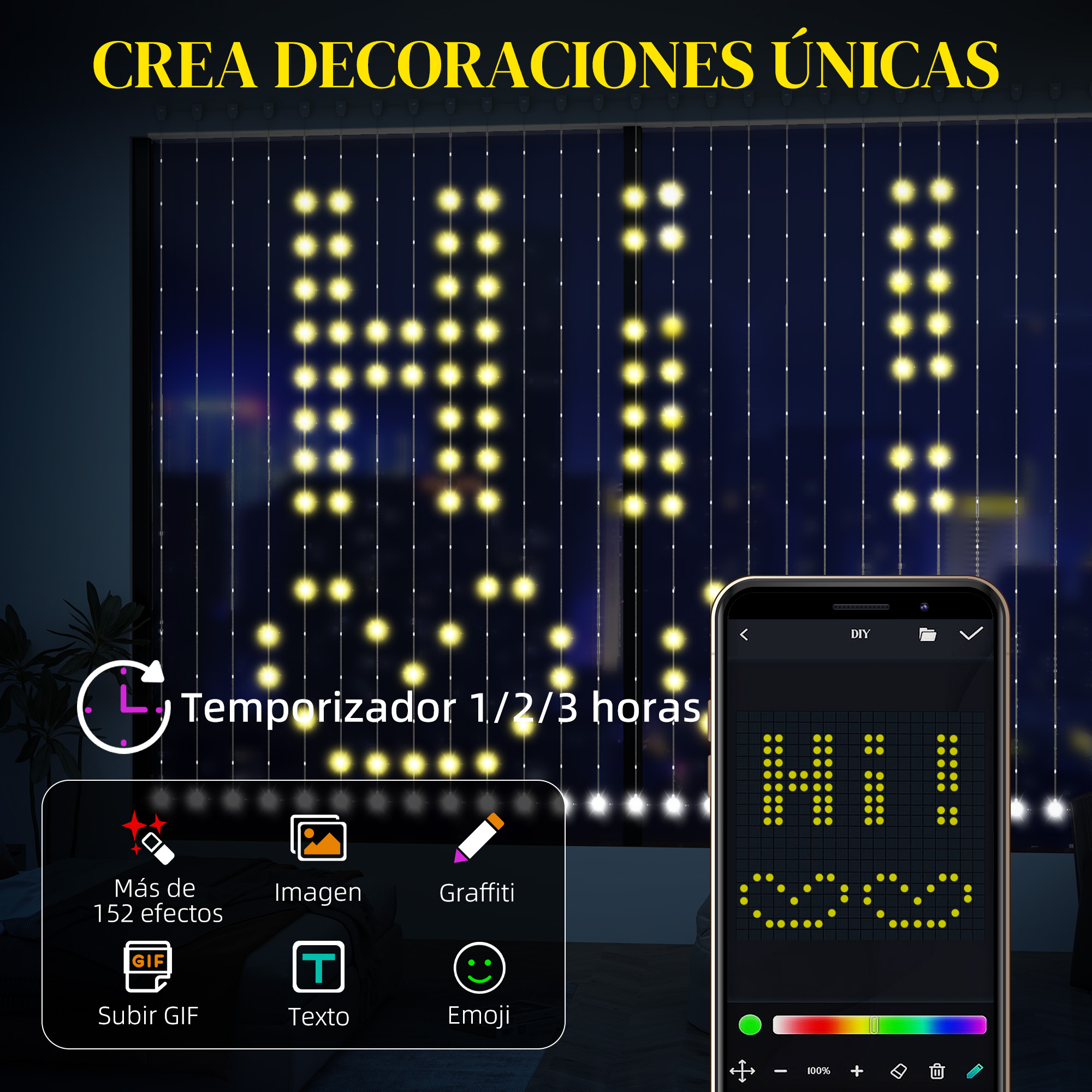 El teléfono inteligente muestra '¡Hola!' en luces. Las aplicaciones de texto, emojis y más se muestran debajo.