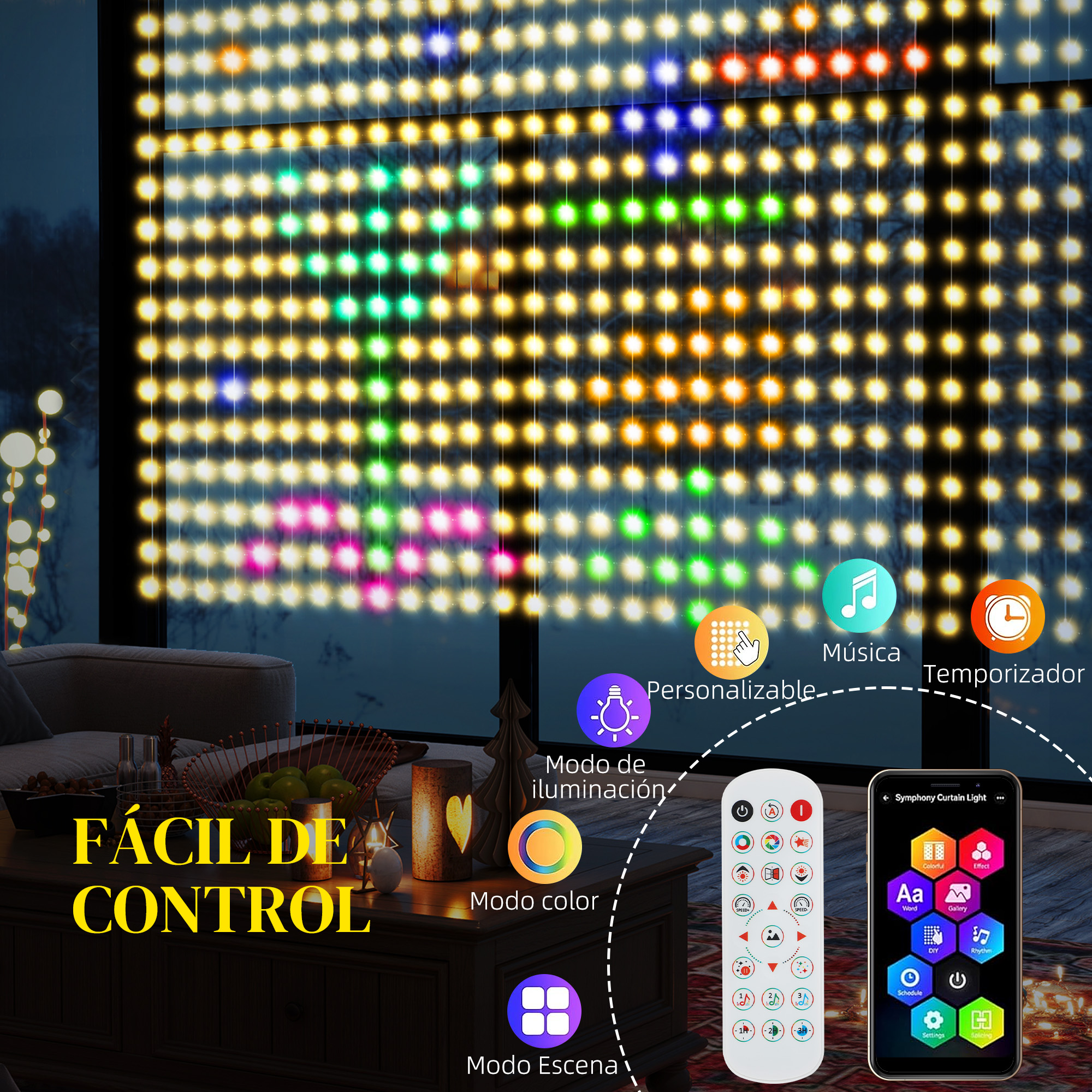 Una instalación de luces decorativas con luces coloridas, con un mando a distancia y un teléfono que muestra funciones.