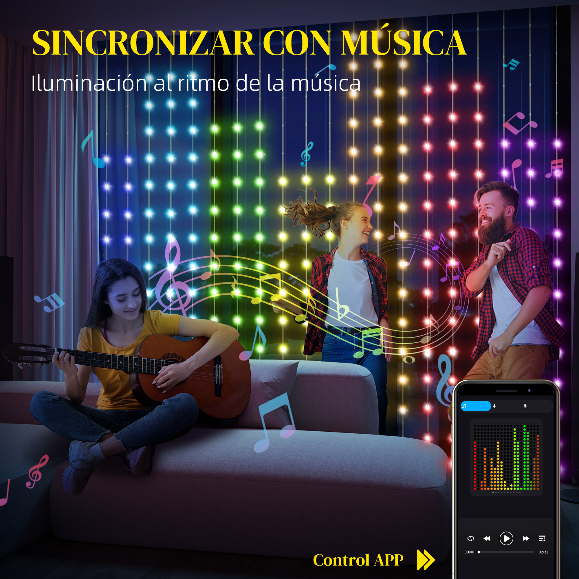 Gente disfrutando de la música en una habitación iluminada con luces coloridas. Una chica toca la guitarra, un hombre canta y un teléfono muestra imágenes.