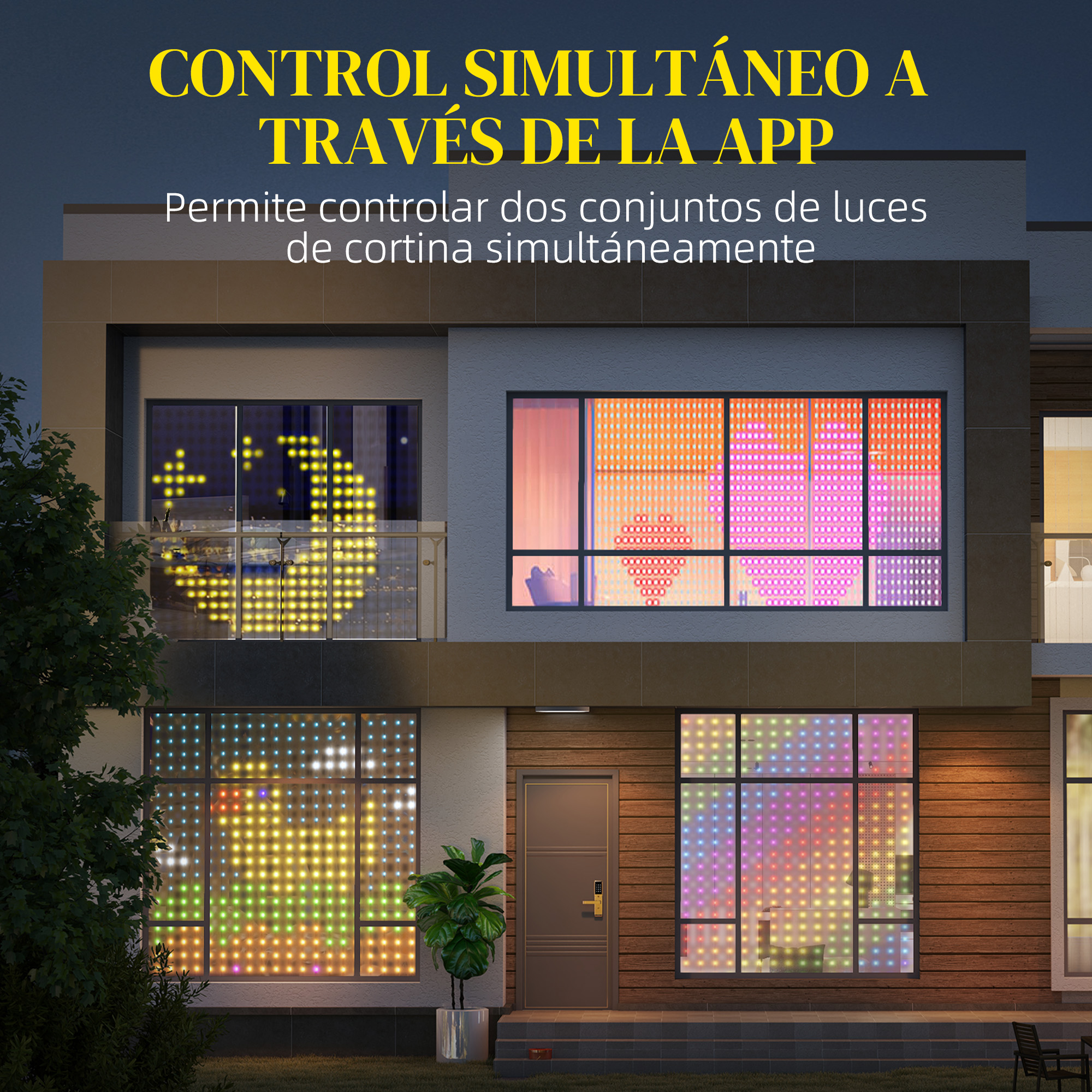Una casa con ventanas que muestran patrones de luz coloridos y texto en la parte superior.