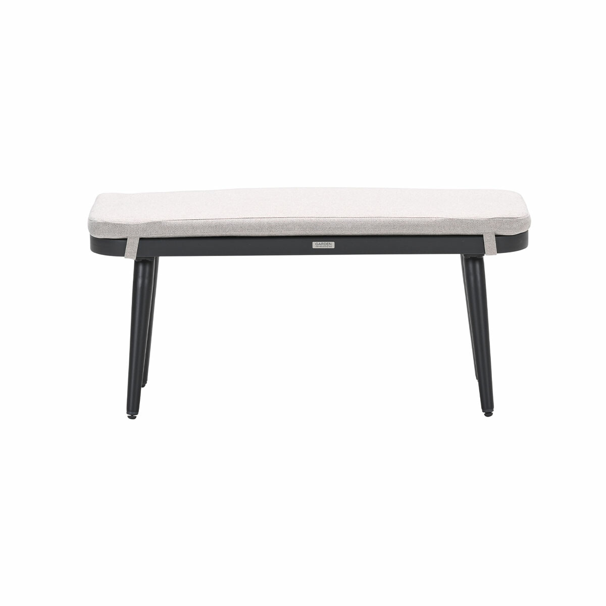 A bench with black metal legs and a light gray padded seat. White background.