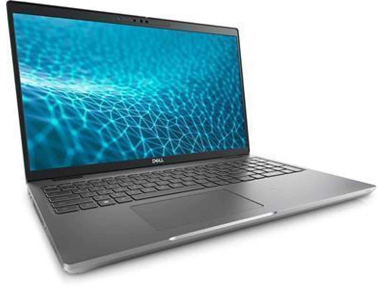 Silberner Laptop mit blauem, abstrakt gemusterten Bildschirm. Geöffnet auf weißem Hintergrund.