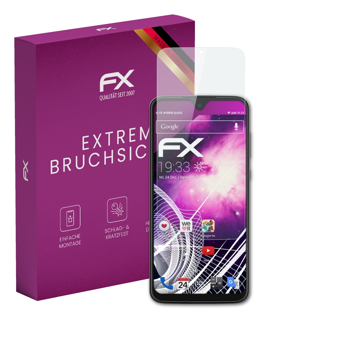 Ein Smartphone und eine Displayschutzfolie werden gezeigt. Die Box ist lila mit weißem Text. Das Telefon zeigt eine Oberfläche.