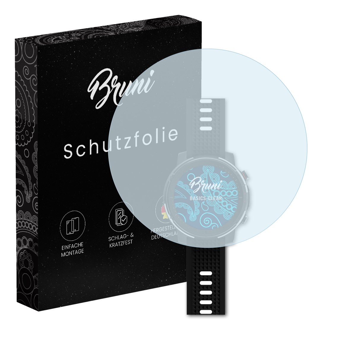 Smartwatch mit Displayschutzfolie. Box mit 'Schutzfolie' und 'Bruni' Logo links.