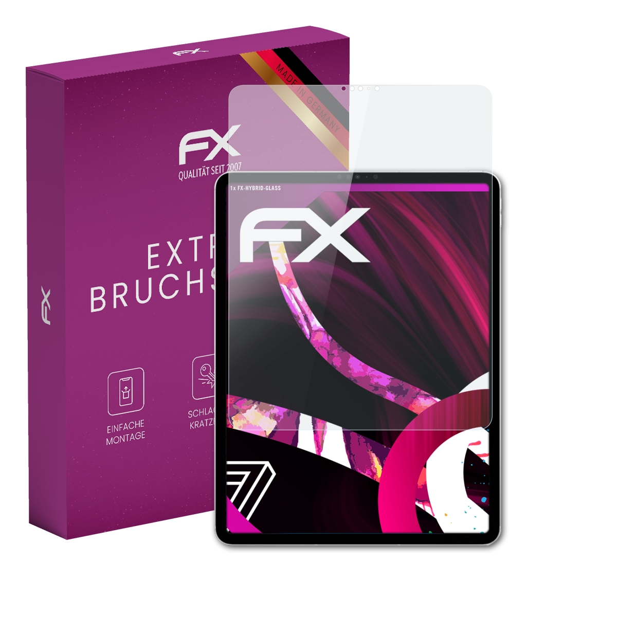 Eine lila Box mit einem Tablet und einem Displayschutz. Das Tablet ist rosa und weiß mit klarem Schutz.