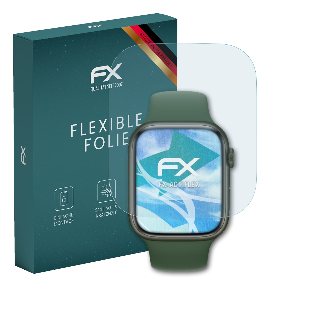 Grüne Apple Watch mit Displayschutz neben einer teal Box.