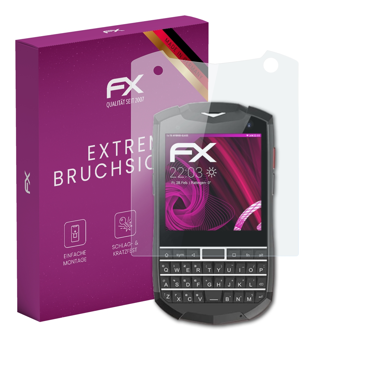 Ein schwarzes Telefon mit Displayschutz neben einer lila Box.