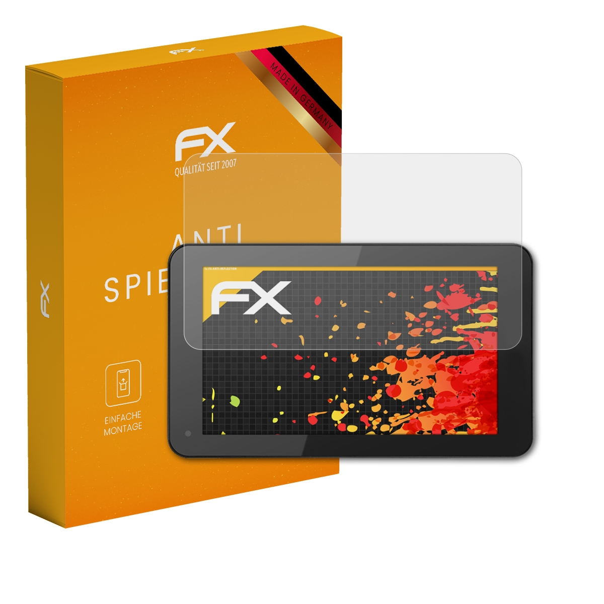 Tablet mit Displayschutzfolie, Box im Hintergrund.
