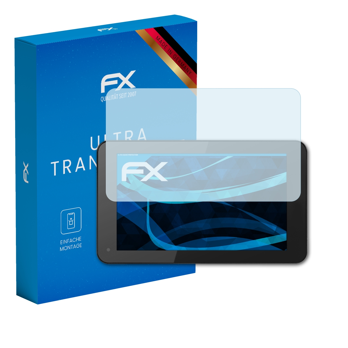 Blaue Box mit FX-Logo, Displayschutzfolie und Tablet. Die Displayschutzfolie befindet sich auf dem Tablet.
