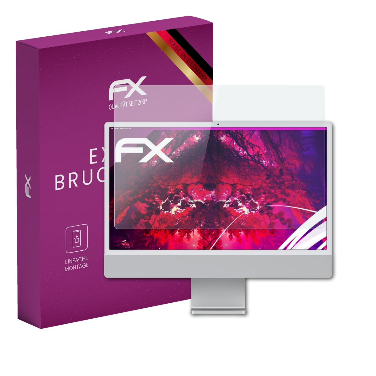 Lila Box mit 'FX' Text und Displayschutz auf einem Computerdisplay mit Szene.