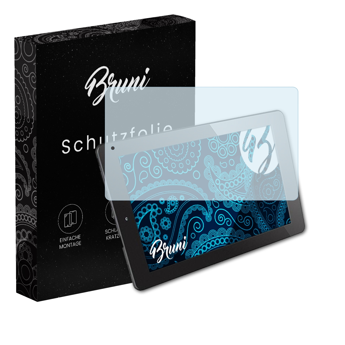 Tablet-Displayschutzfolie von Bruni, neben einer Box, auf weißem Hintergrund.