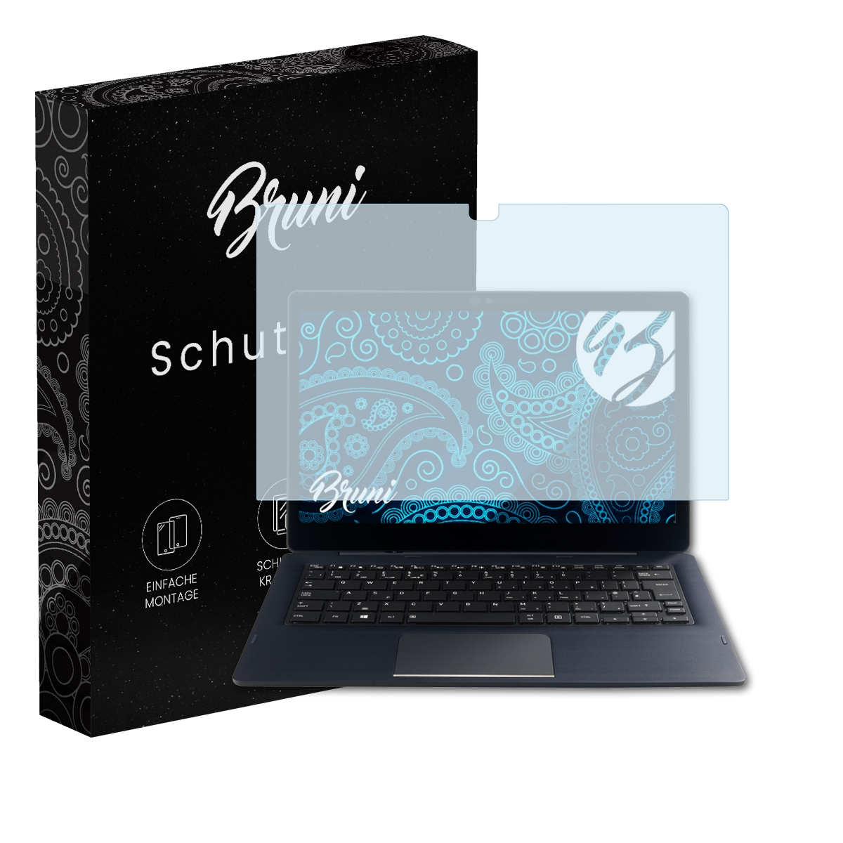 Laptop mit Displayschutz und Box. Der Bildschirm zeigt ein Design. Die Box ist schwarz.