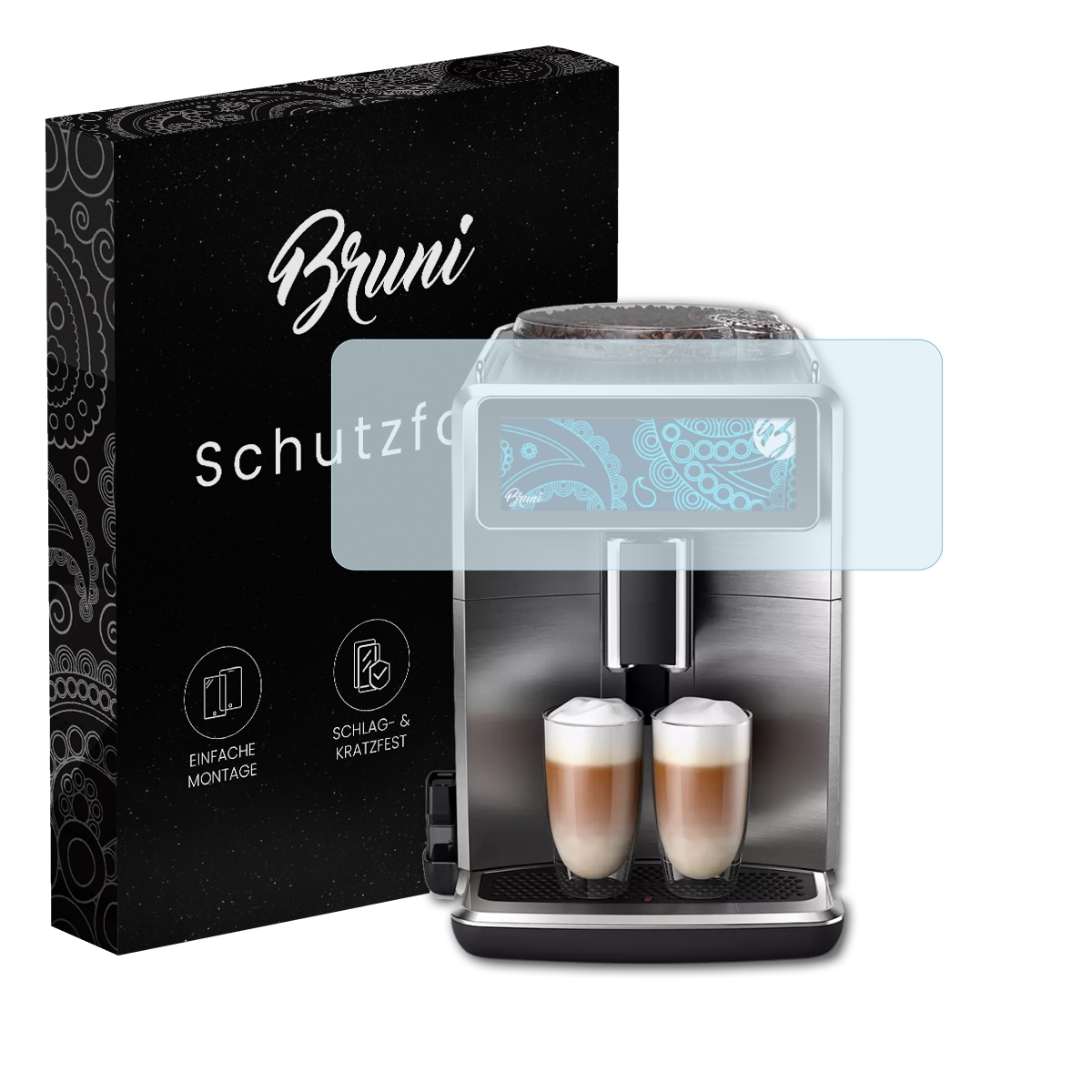 Eine Kaffeemaschine mit Glasschutz und schwarzer Box, auf weißem Hintergrund.
