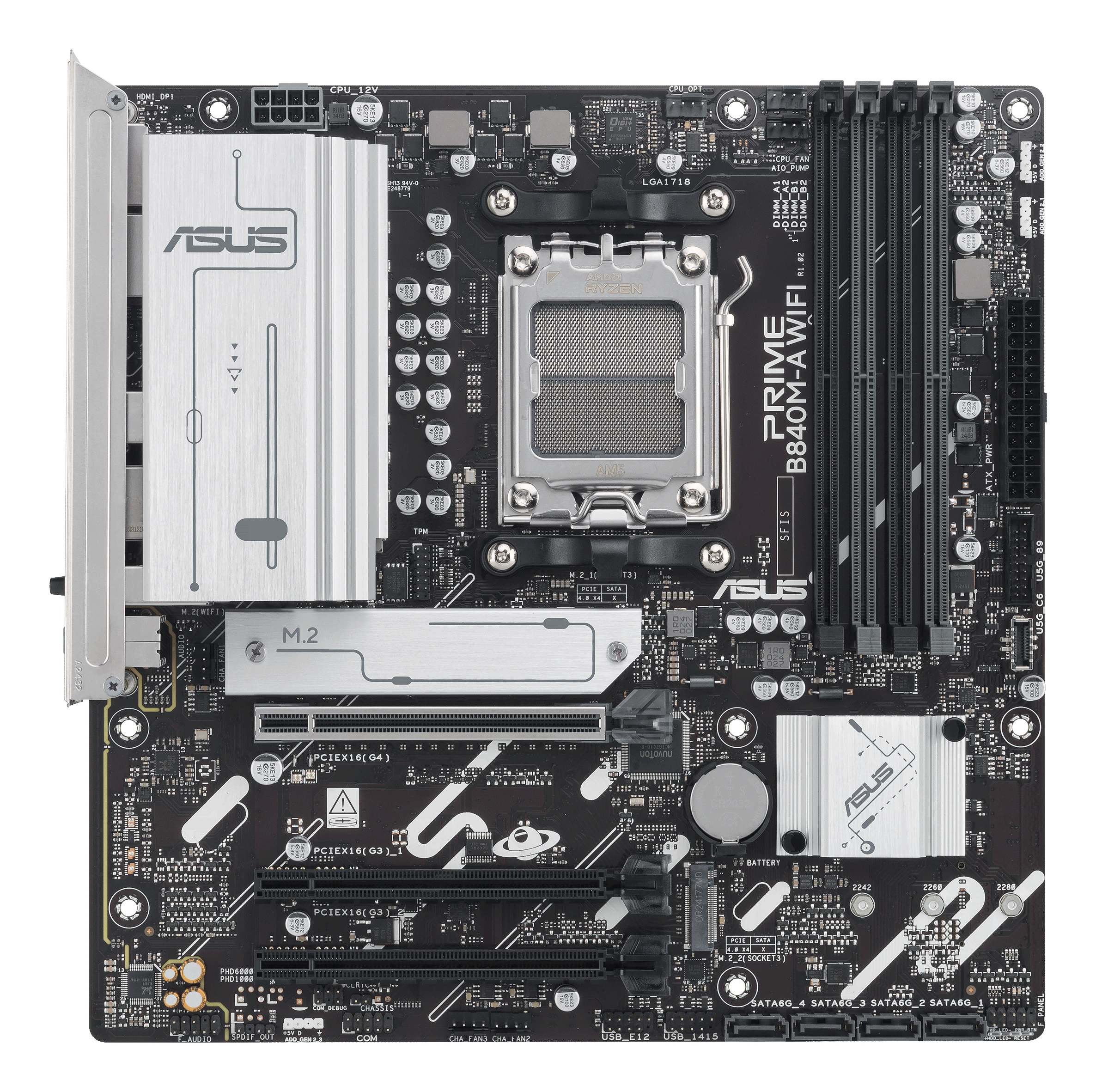 Top-down view of a black motherboard with silver accents, multiple ports, and the ASUS logo.