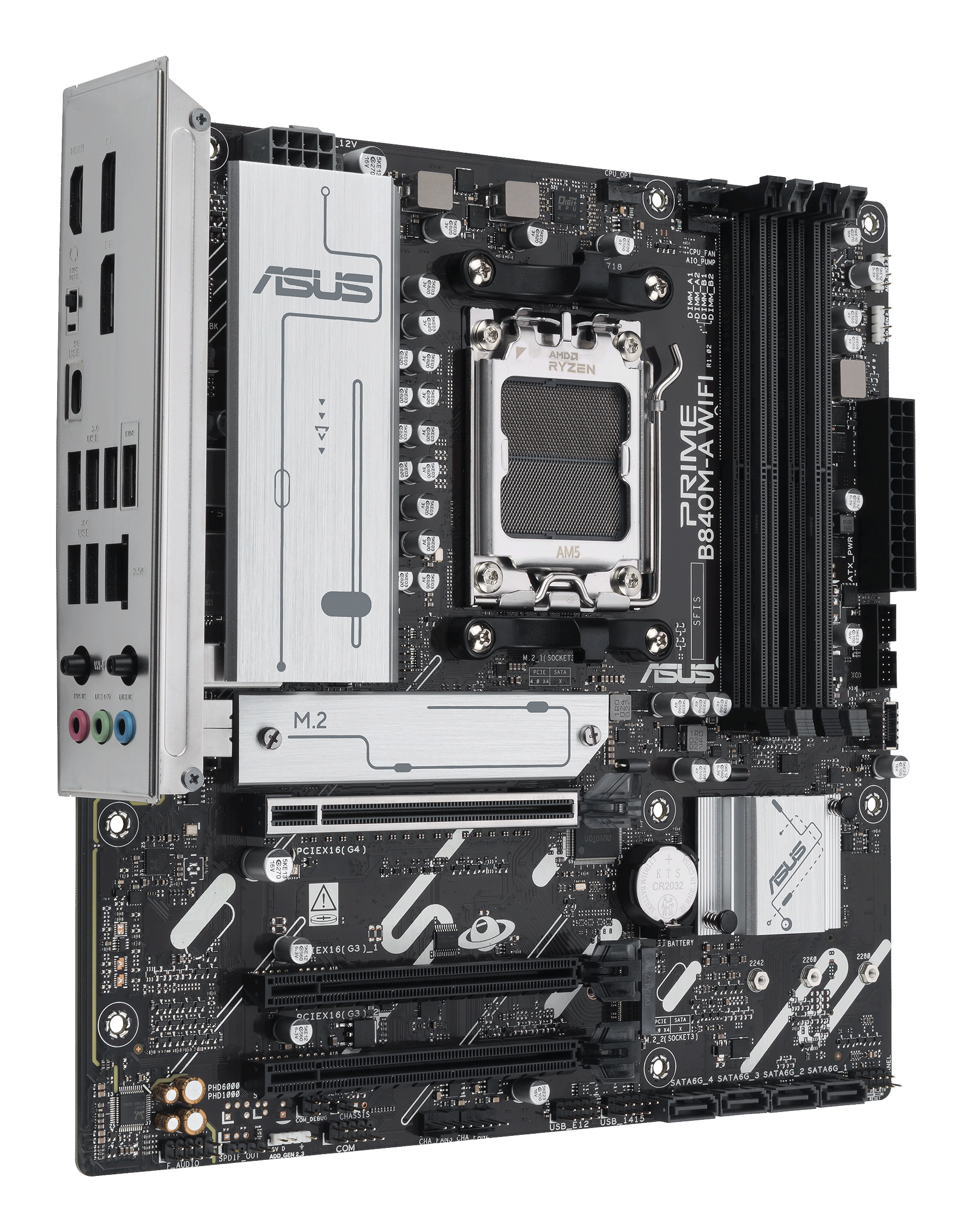 Black motherboard with silver accents. Multiple ports and slots visible. ASUS logo is prominent.
