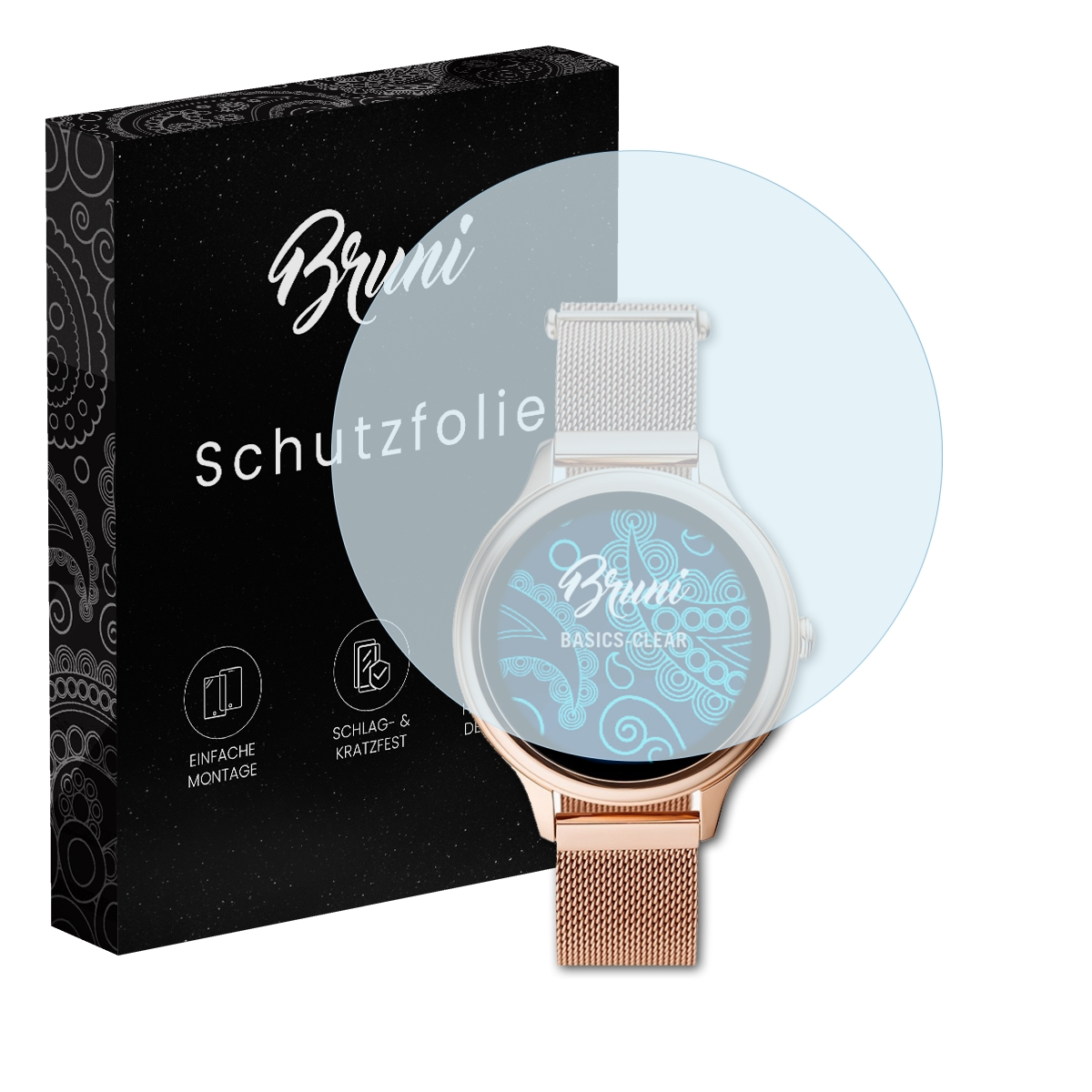 Eine roségoldene Smartwatch mit transparentem Displayschutz, neben einer schwarzen Box mit Text.